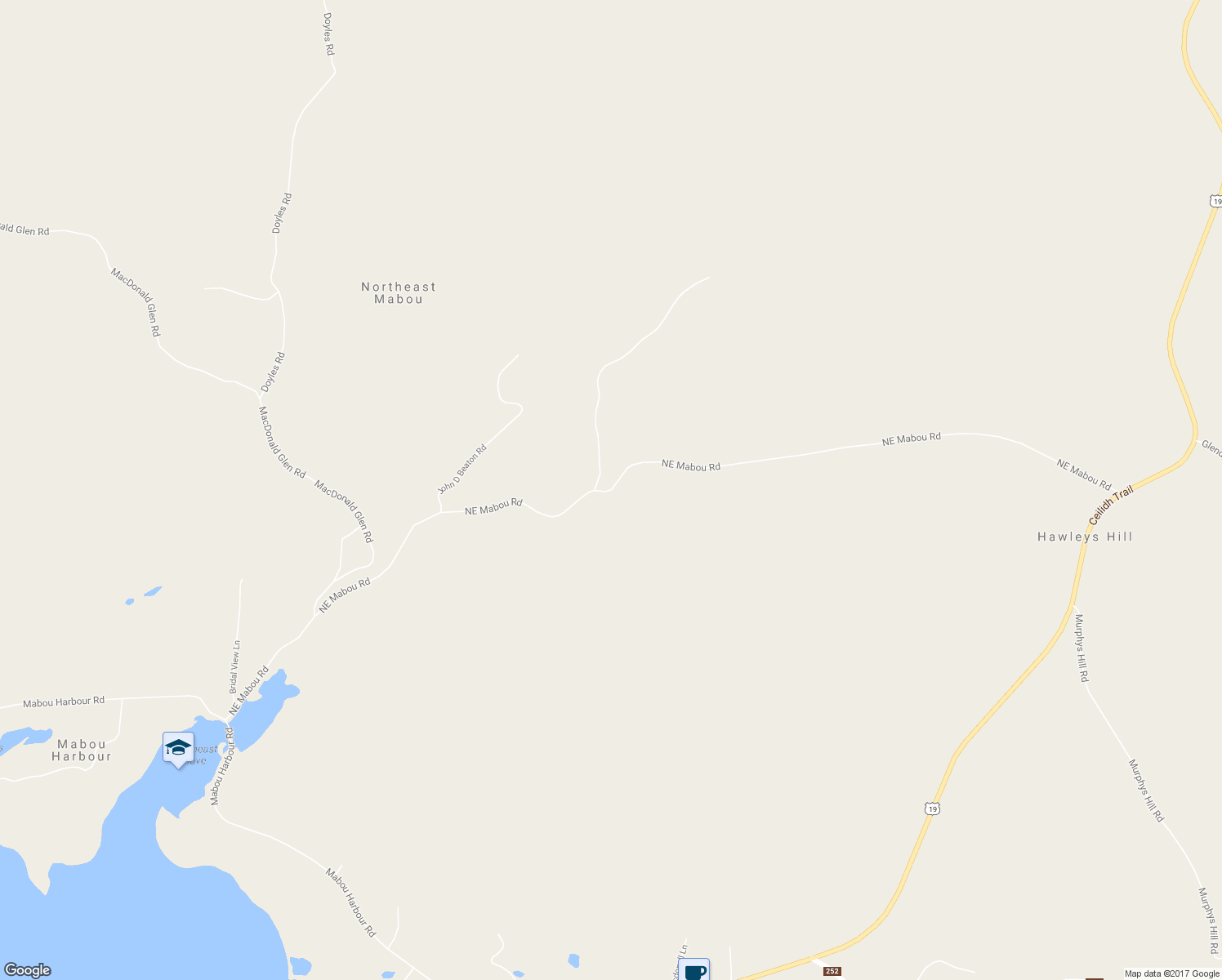 map of restaurants, bars, coffee shops, grocery stores, and more near Northeast Mabou Road in Mabou