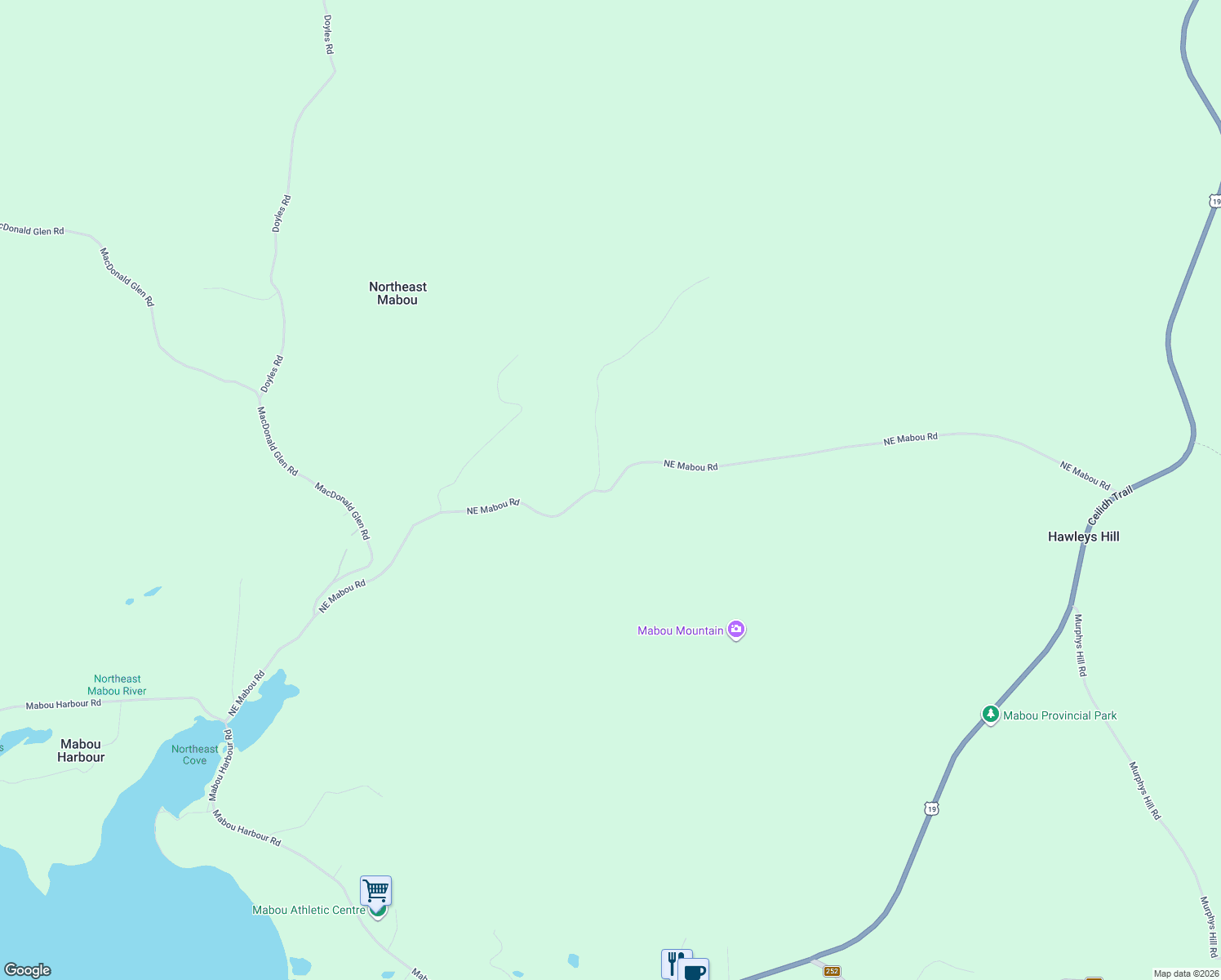 map of restaurants, bars, coffee shops, grocery stores, and more near 538 Northeast Mabou Road in Mabou