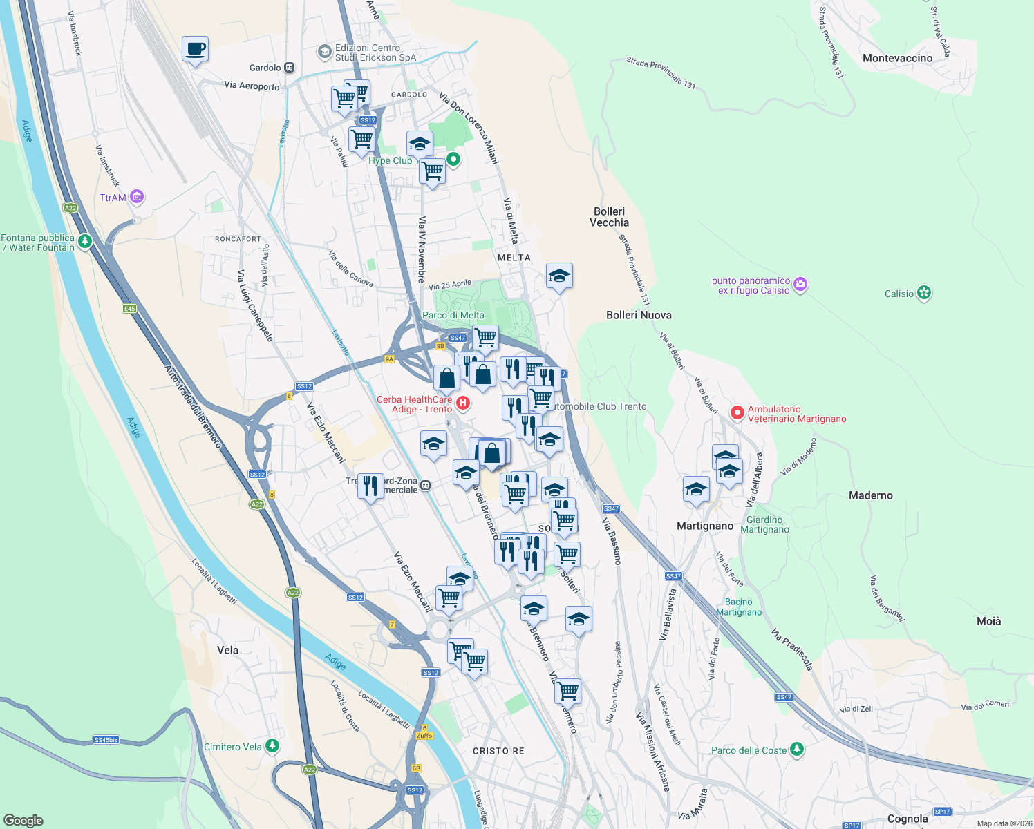 map of restaurants, bars, coffee shops, grocery stores, and more near 24 Via Romano Guardini in Trento