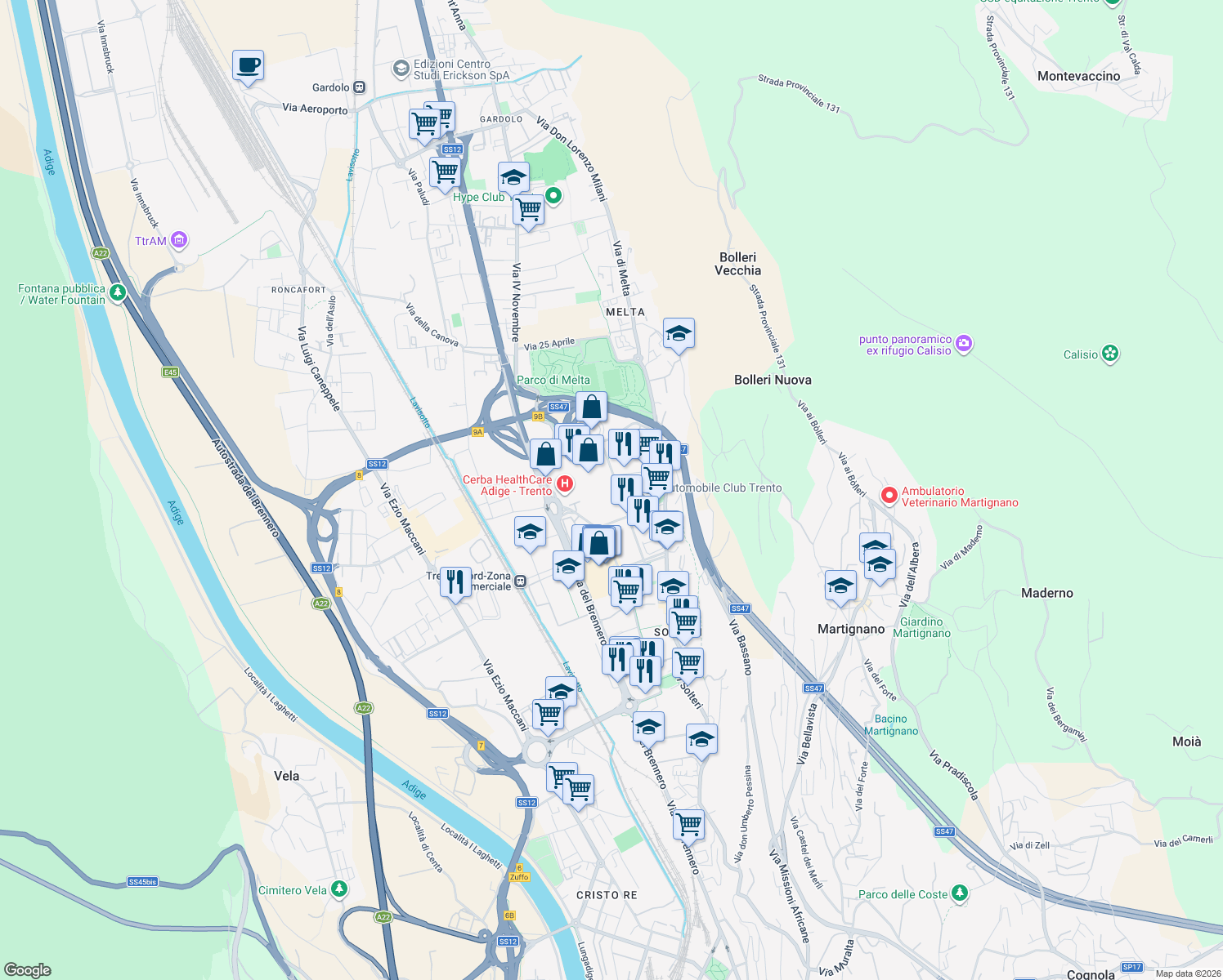 map of restaurants, bars, coffee shops, grocery stores, and more near 24 Via Romano Guardini in Trento