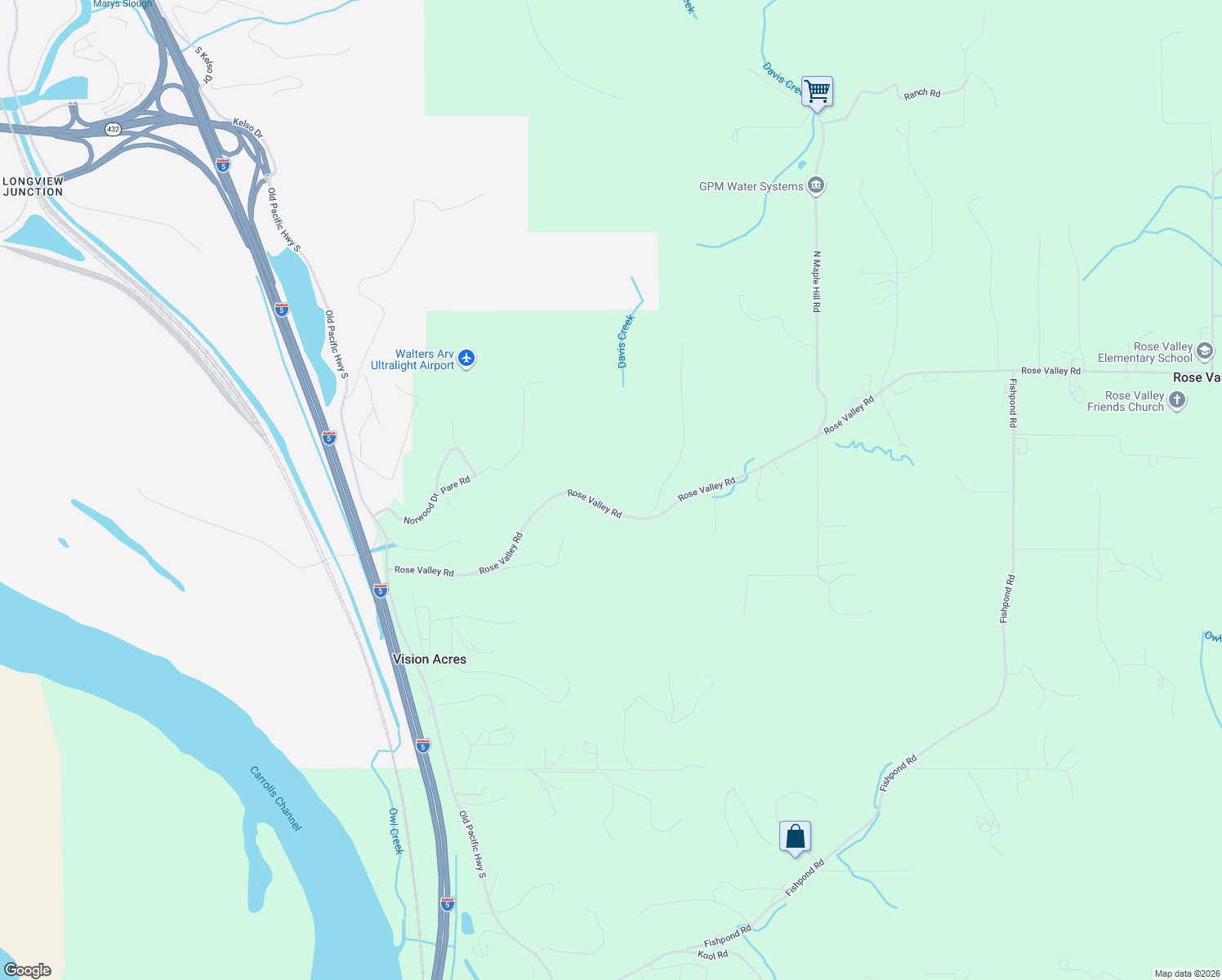 map of restaurants, bars, coffee shops, grocery stores, and more near 344 Rose Valley Road in Kelso