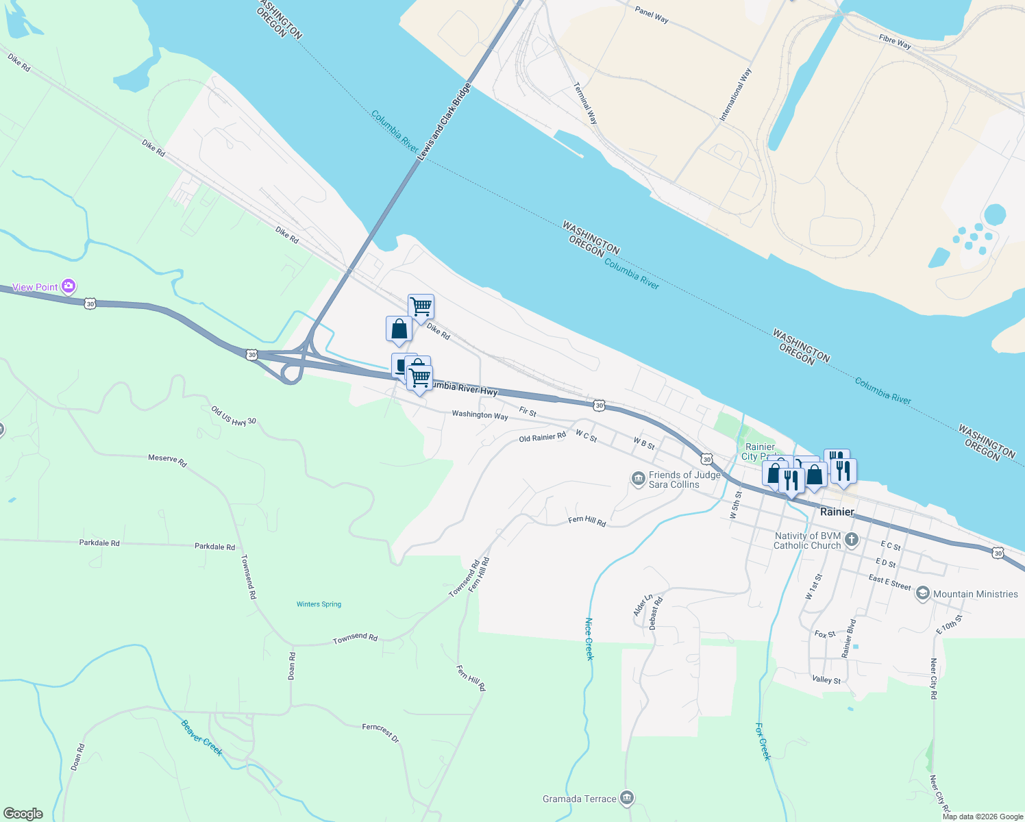 map of restaurants, bars, coffee shops, grocery stores, and more near 29656 Fir Street in Rainier