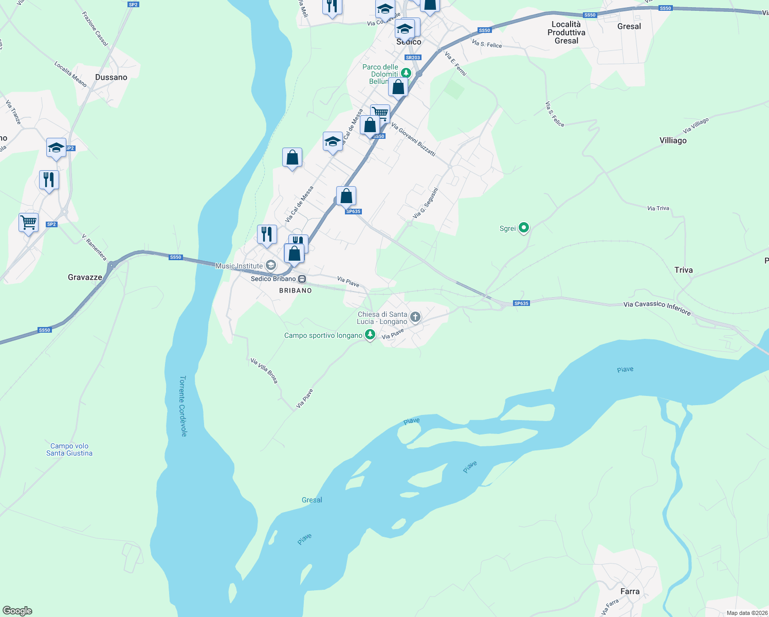 map of restaurants, bars, coffee shops, grocery stores, and more near 5 Via San Ubaldo in Sedico