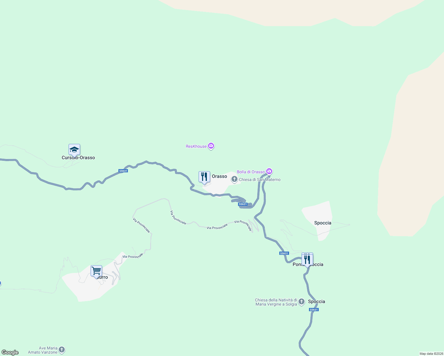 map of restaurants, bars, coffee shops, grocery stores, and more near 9 Via alla Chiesa in Orasso