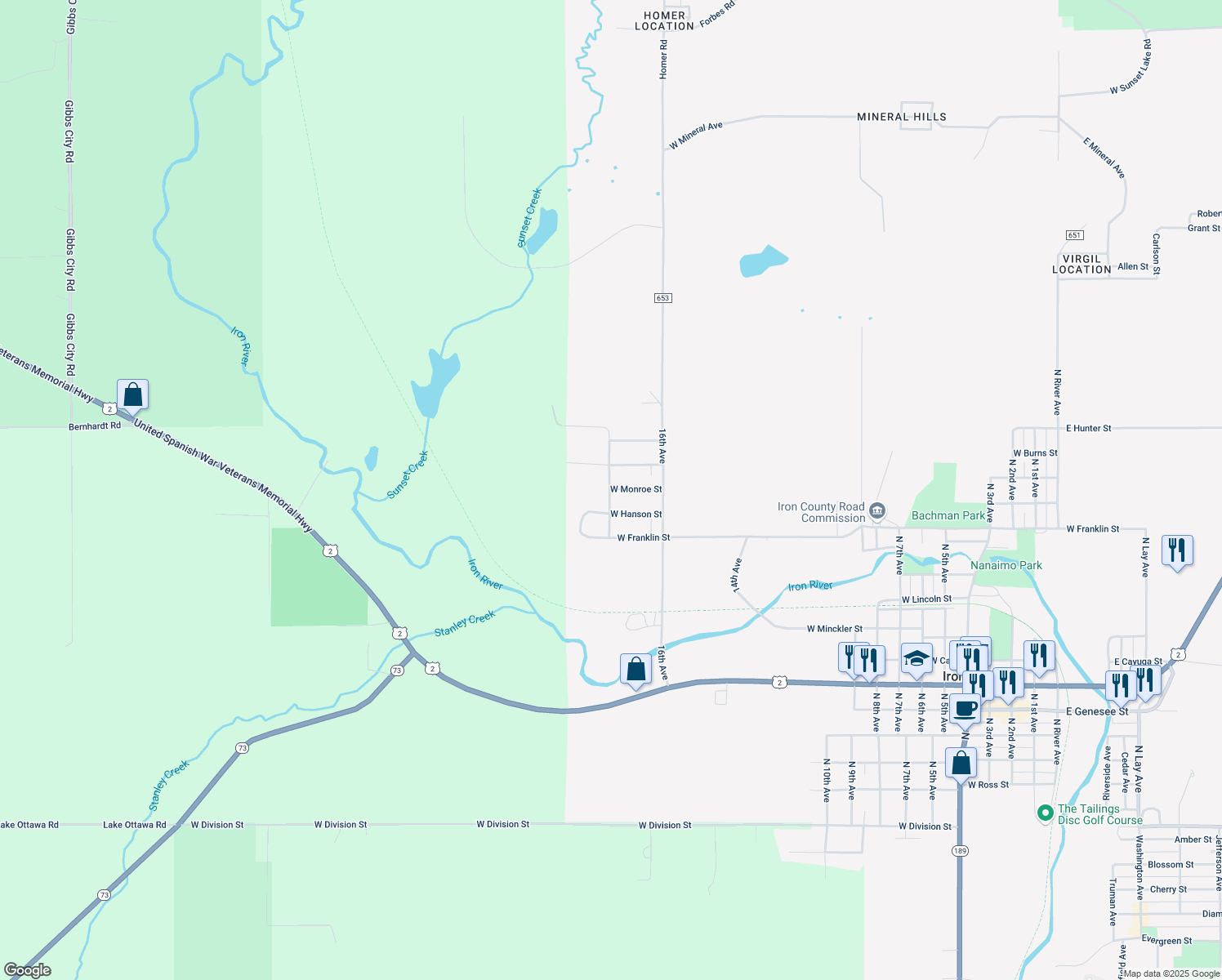 map of restaurants, bars, coffee shops, grocery stores, and more near 1699 W Monroe St in Iron River