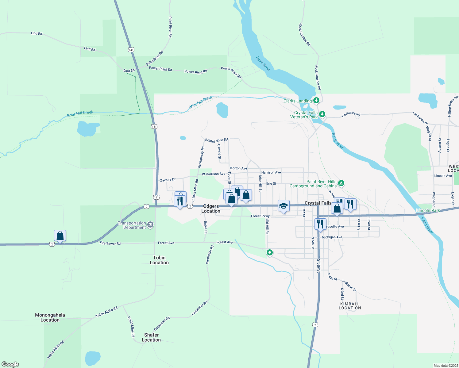 map of restaurants, bars, coffee shops, grocery stores, and more near 199 Tobin St in Crystal Falls