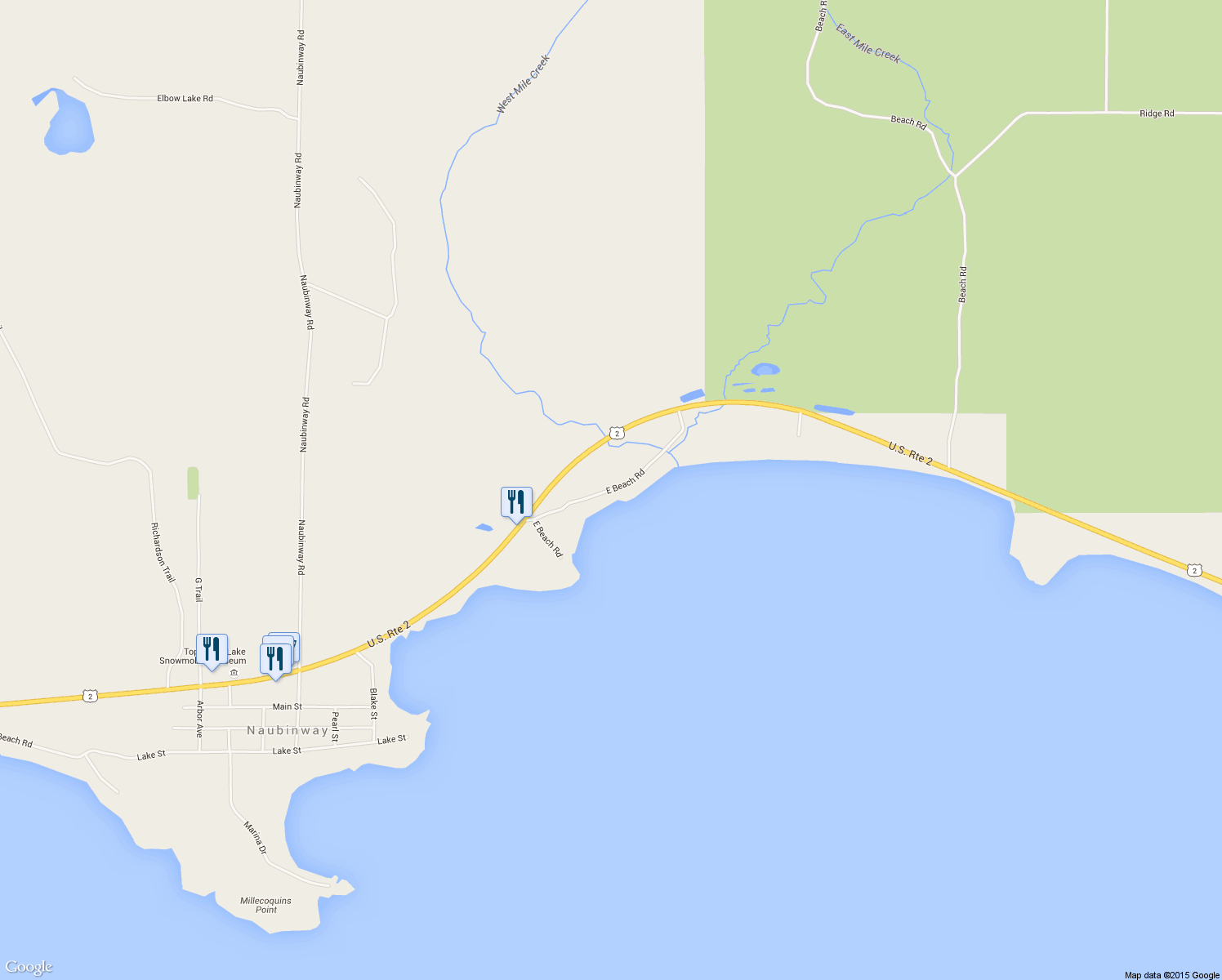 map of restaurants, bars, coffee shops, grocery stores, and more near E Beach Rd in Naubinway