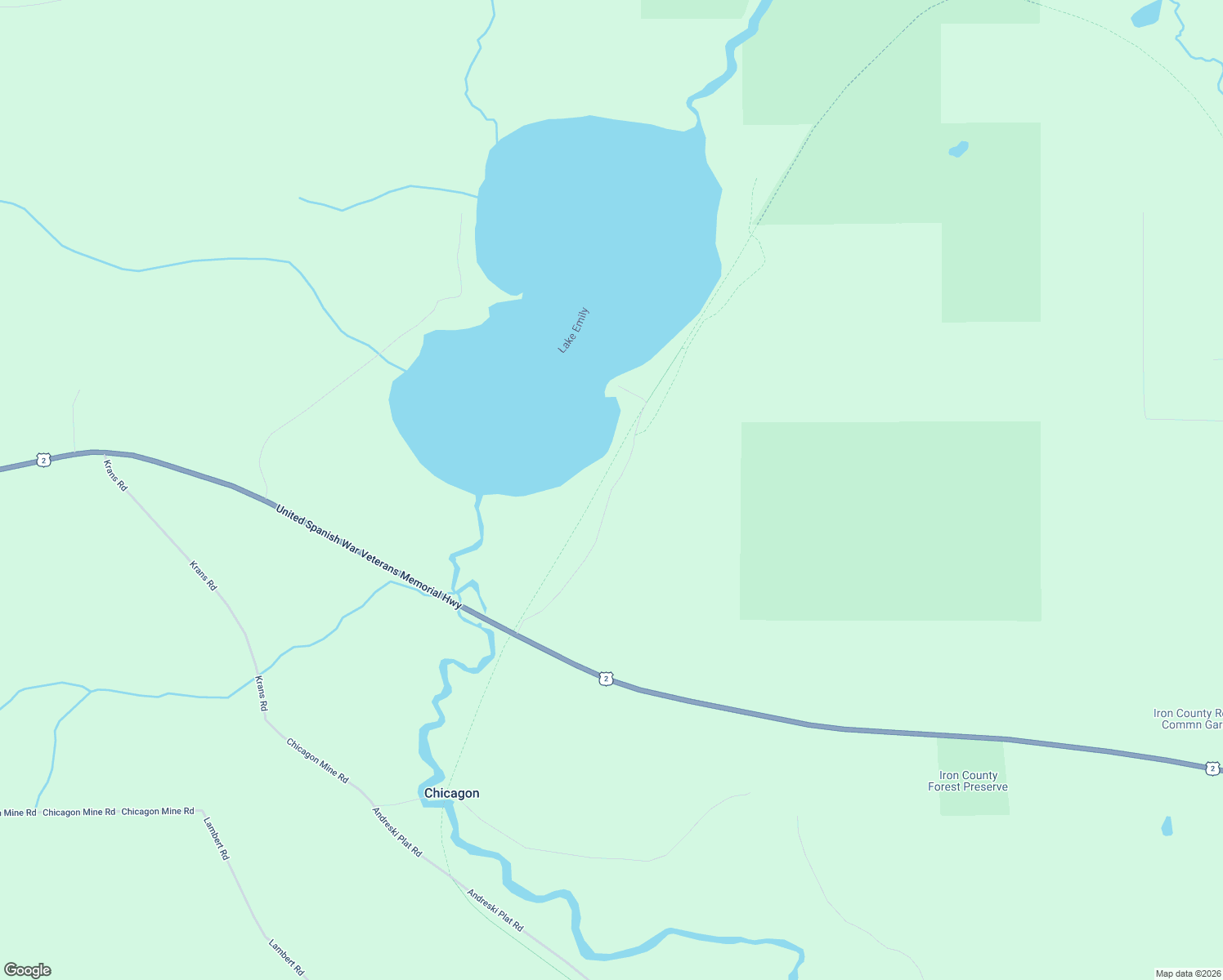 map of restaurants, bars, coffee shops, grocery stores, and more near East Lake Emily Road in Crystal Falls