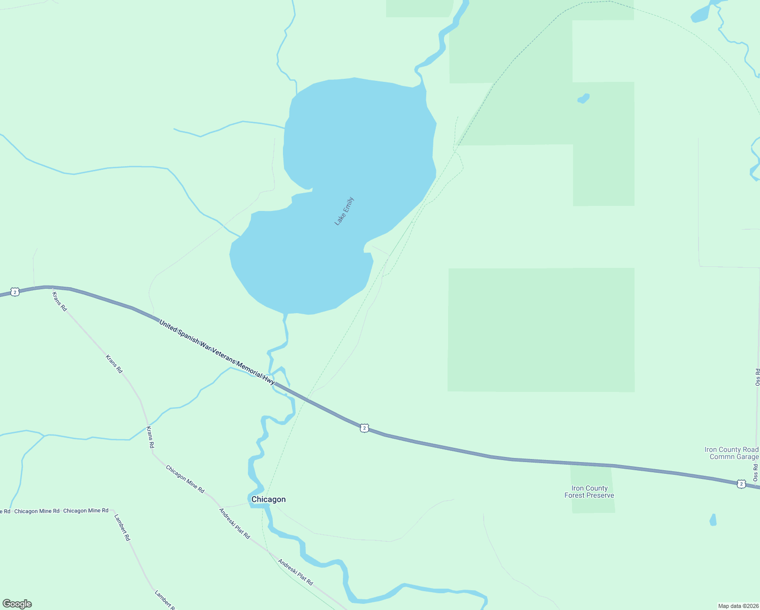 map of restaurants, bars, coffee shops, grocery stores, and more near East Lake Emily Road in Crystal Falls