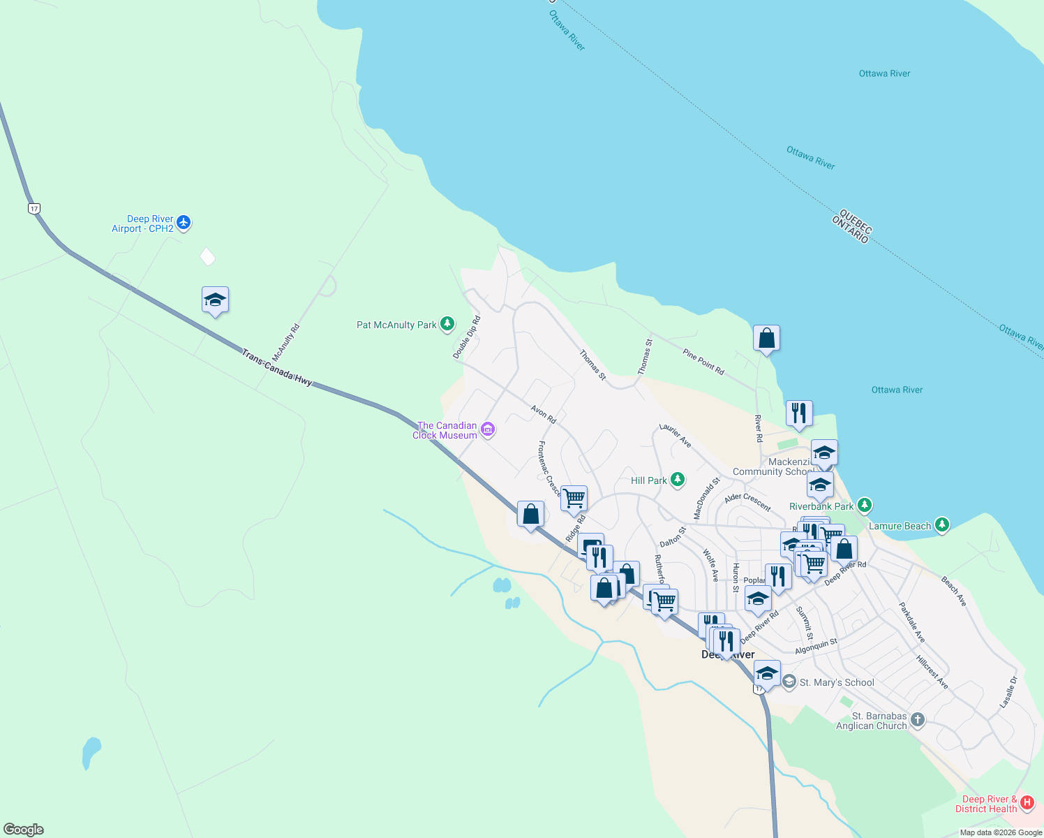 map of restaurants, bars, coffee shops, grocery stores, and more near 13 Tamarack Street in Deep River