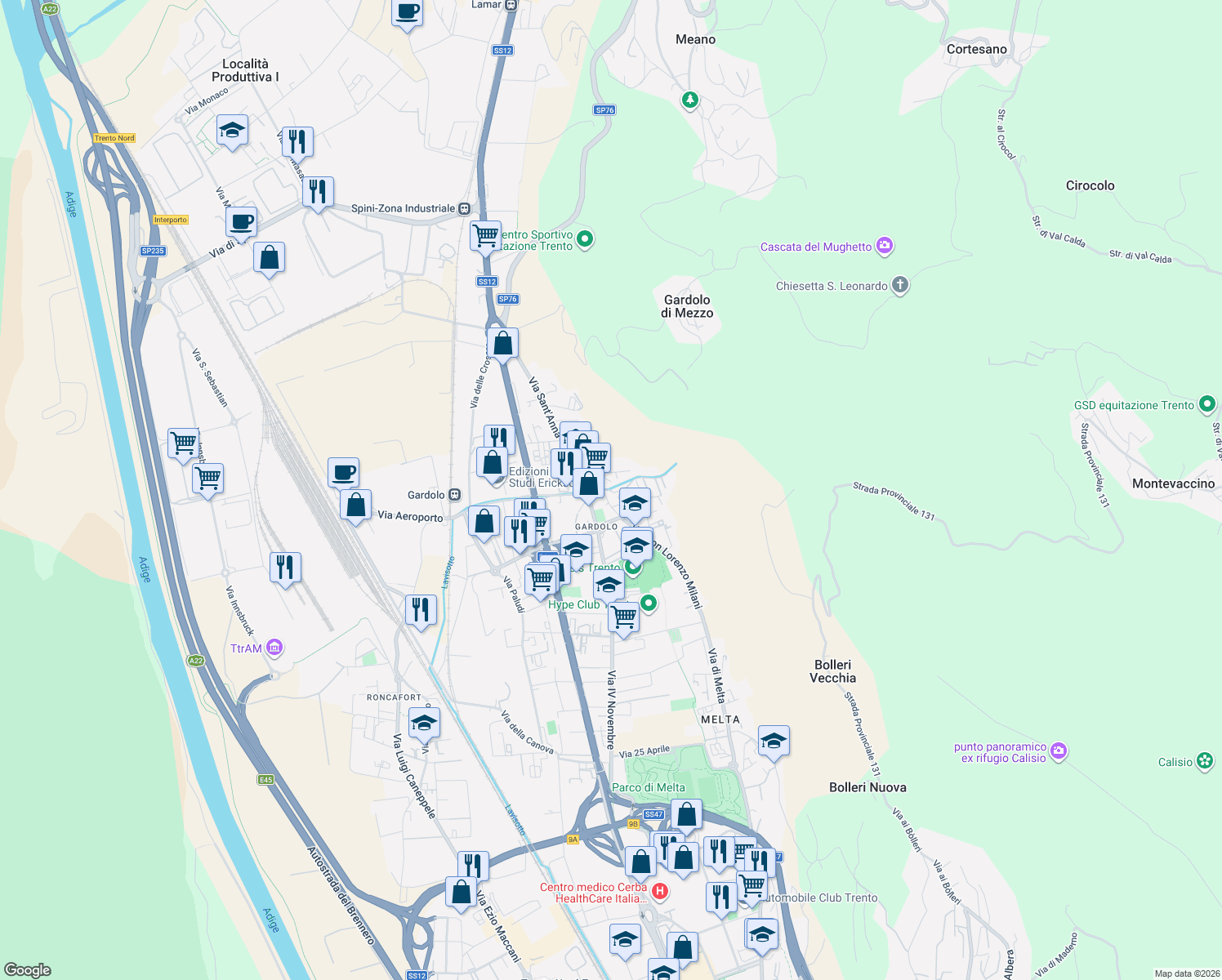map of restaurants, bars, coffee shops, grocery stores, and more near 14 Via Dante Sartori in Trento