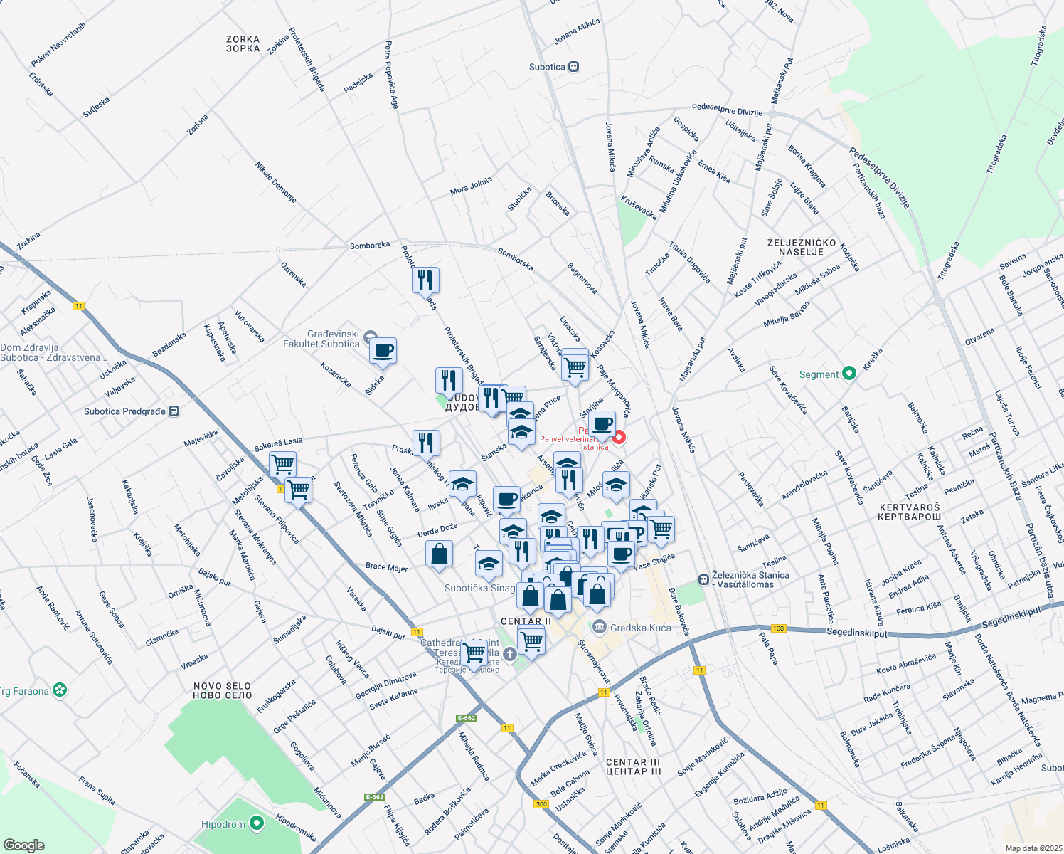 map of restaurants, bars, coffee shops, grocery stores, and more near 11 Karolja Čilaga in Subotica