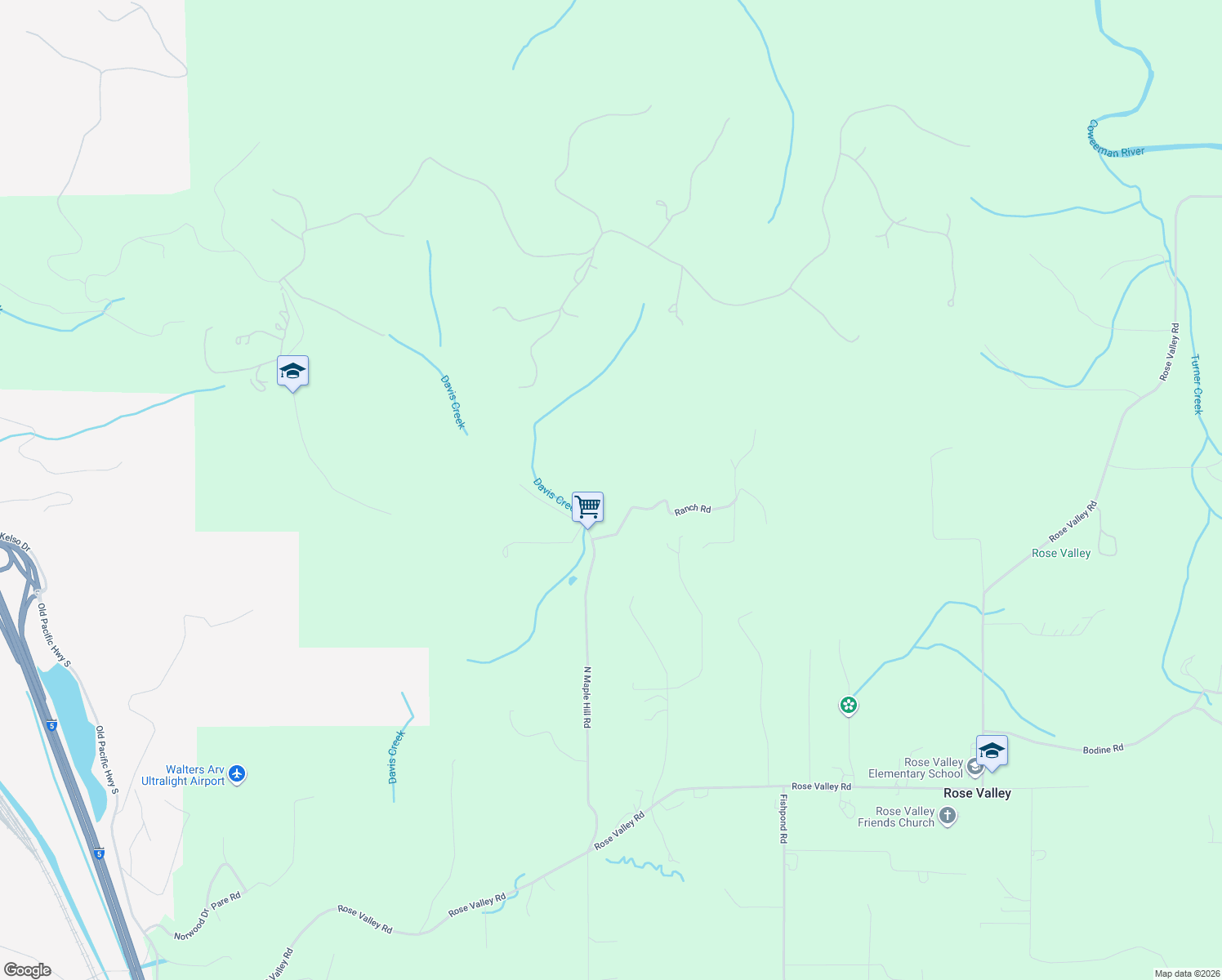 map of restaurants, bars, coffee shops, grocery stores, and more near 221 Ranch Road in Kelso