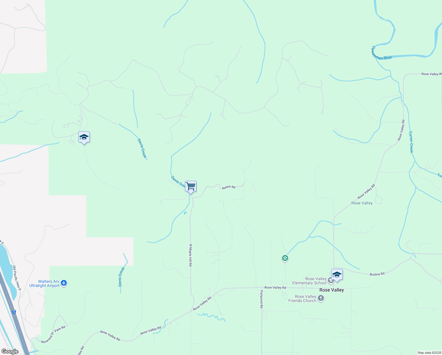 map of restaurants, bars, coffee shops, grocery stores, and more near 221 Ranch Road in Kelso