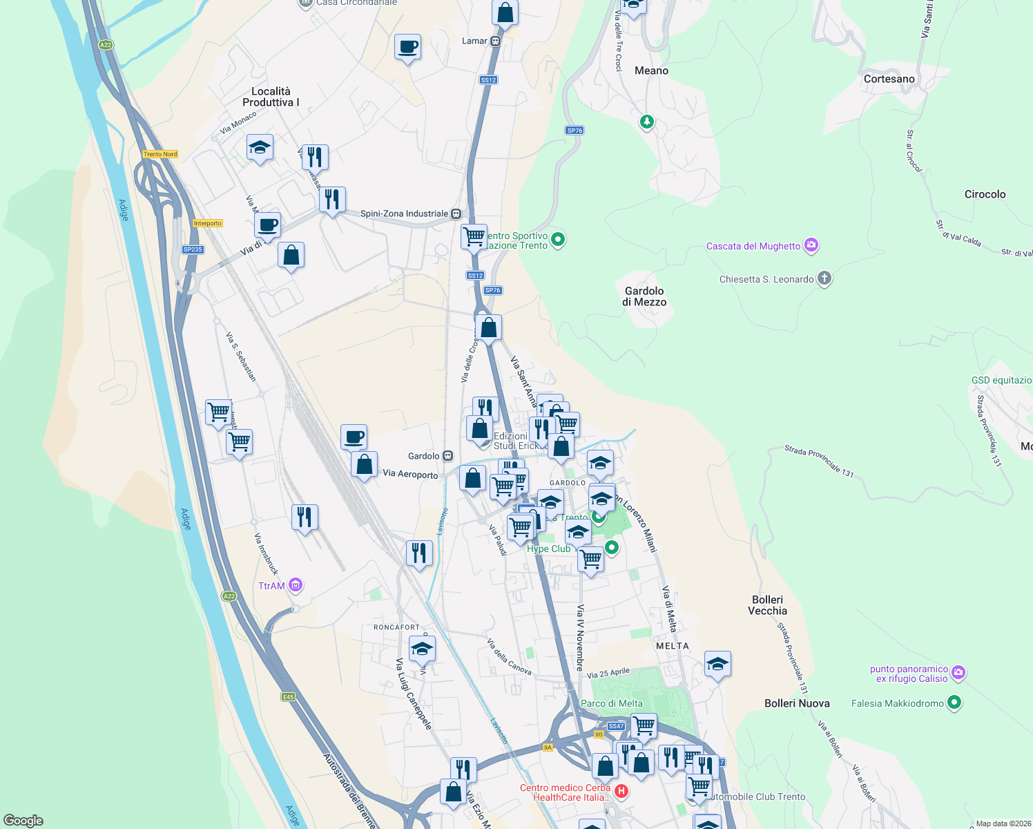 map of restaurants, bars, coffee shops, grocery stores, and more near 29 Via Sant'Anna in Trento