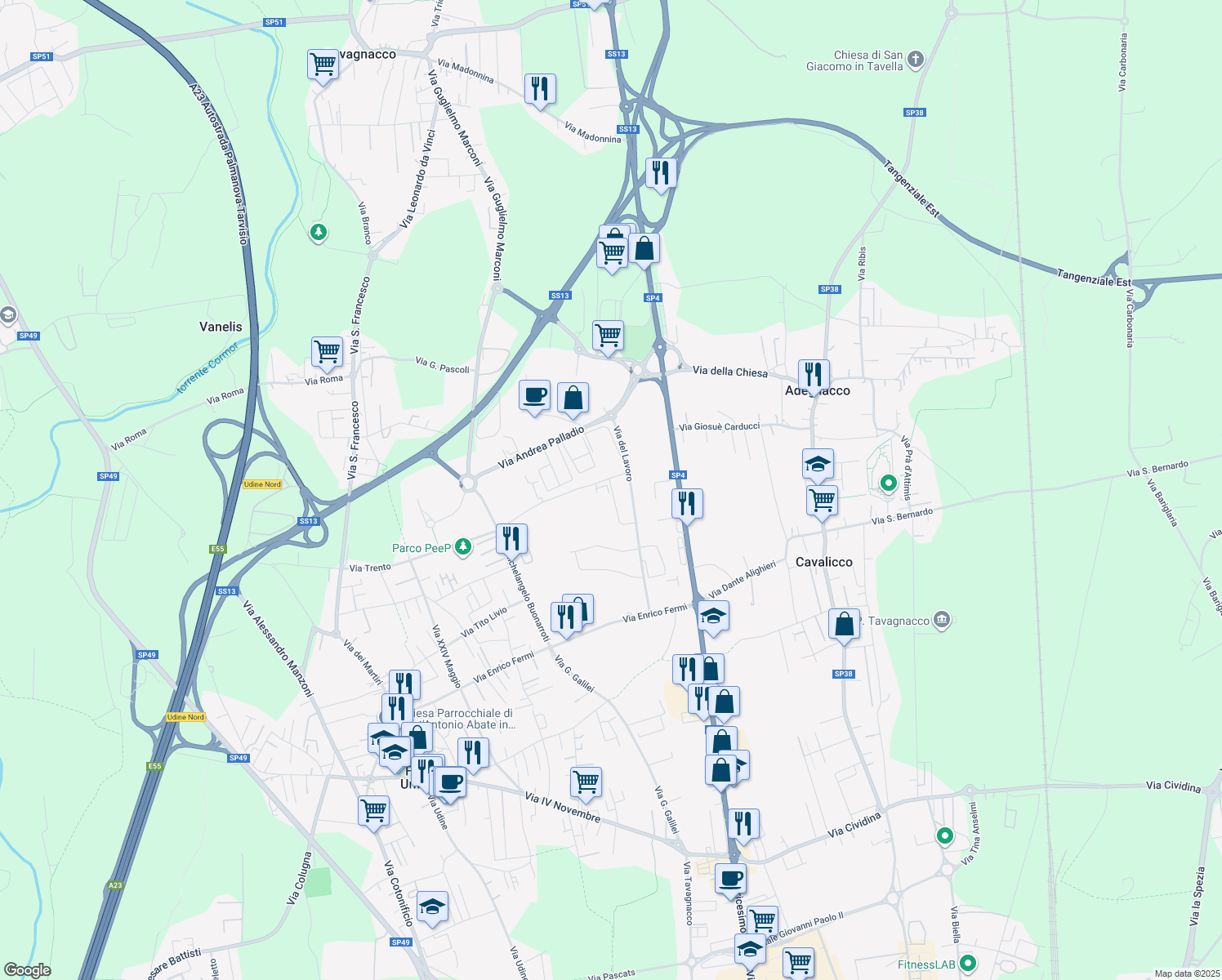 map of restaurants, bars, coffee shops, grocery stores, and more near Via Perugia in Feletto Umberto