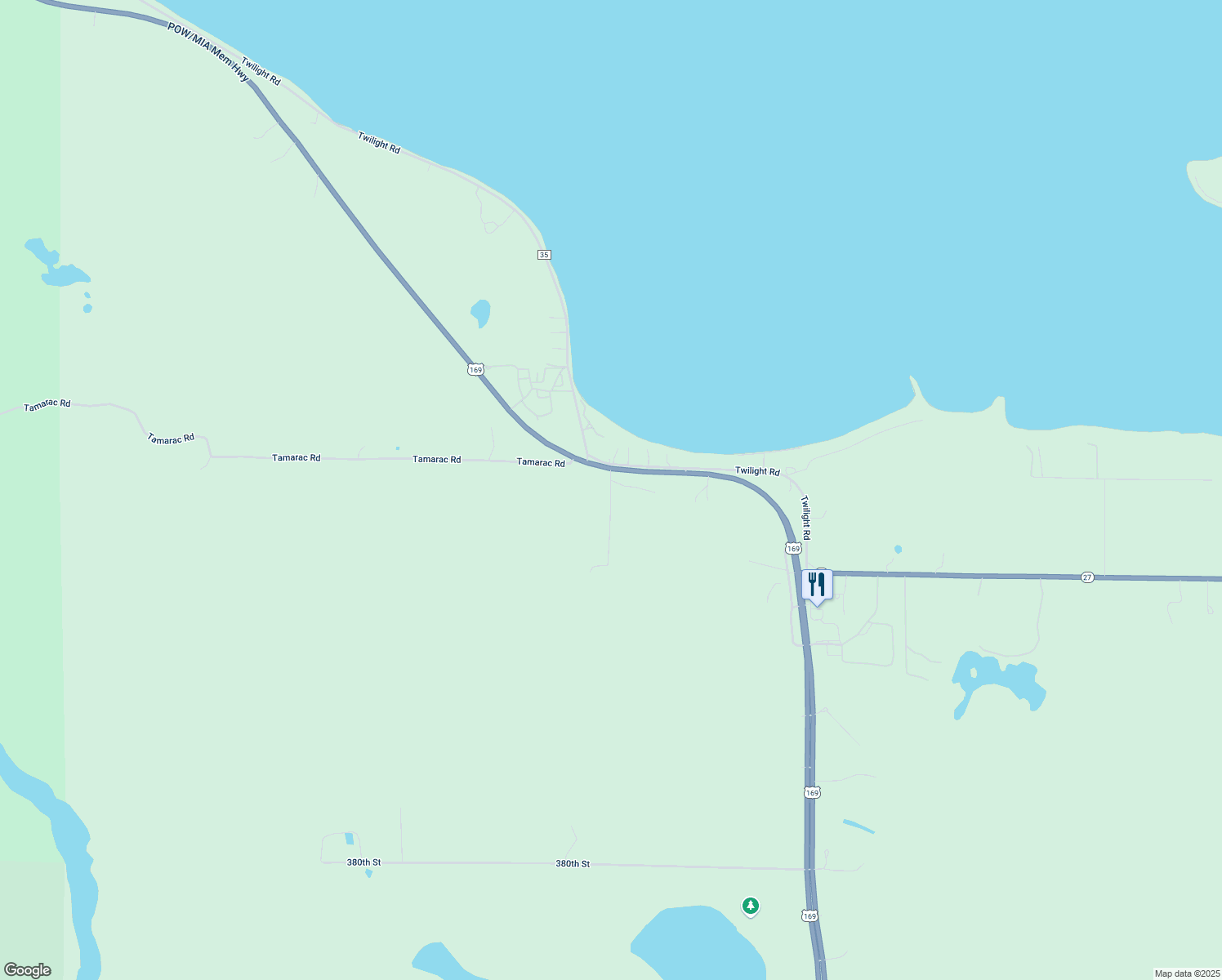 map of restaurants, bars, coffee shops, grocery stores, and more near 38957 118th Avenue in Onamia