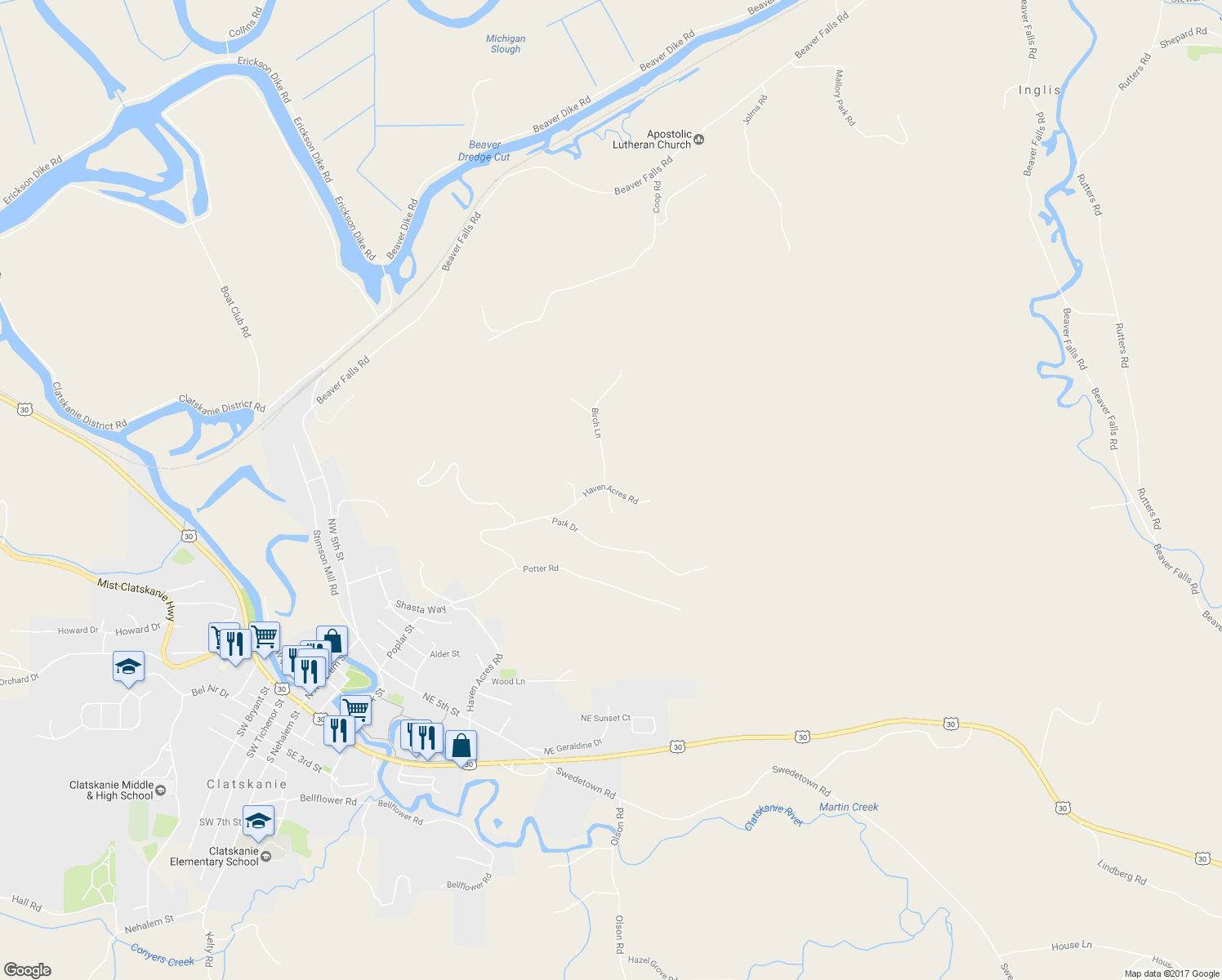 map of restaurants, bars, coffee shops, grocery stores, and more near 18422 Haven Acres Road in Clatskanie