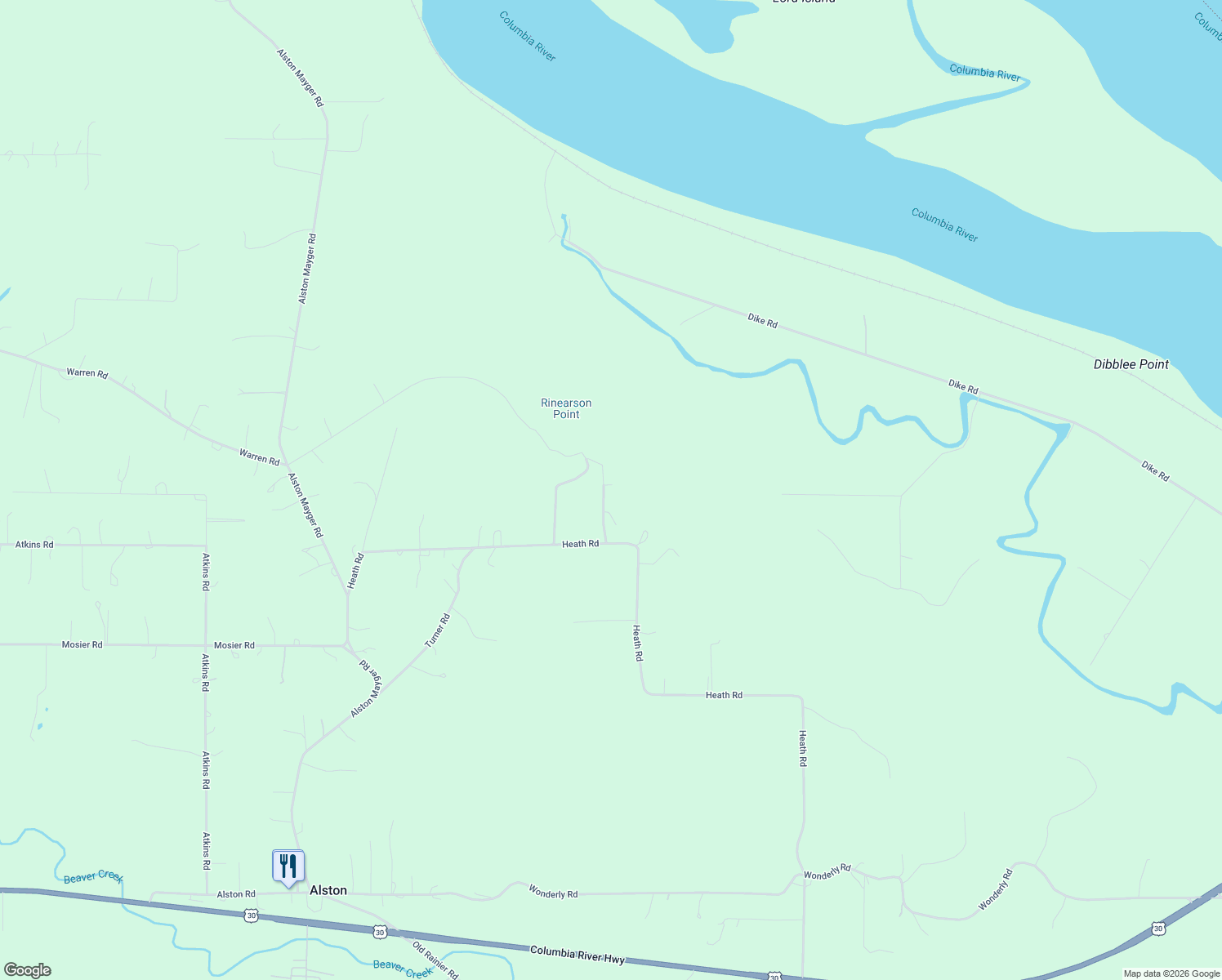 map of restaurants, bars, coffee shops, grocery stores, and more near 76658 Heath Road in Rainier