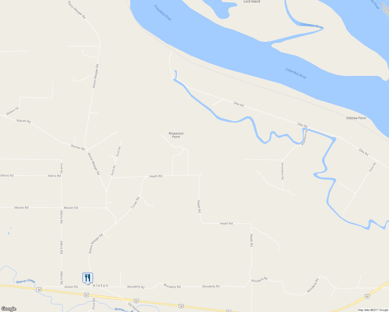 map of restaurants, bars, coffee shops, grocery stores, and more near 76658 Heath Road in Rainier