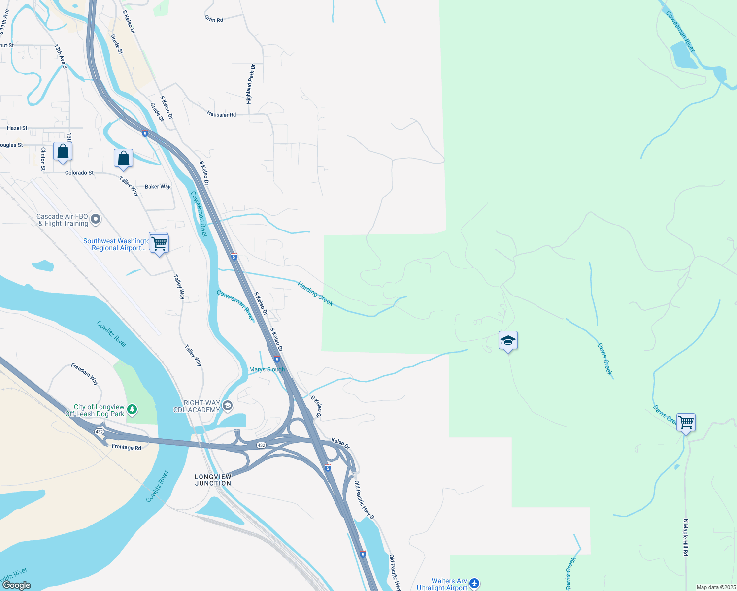 map of restaurants, bars, coffee shops, grocery stores, and more near 115 Tybren Heights Road in Kelso