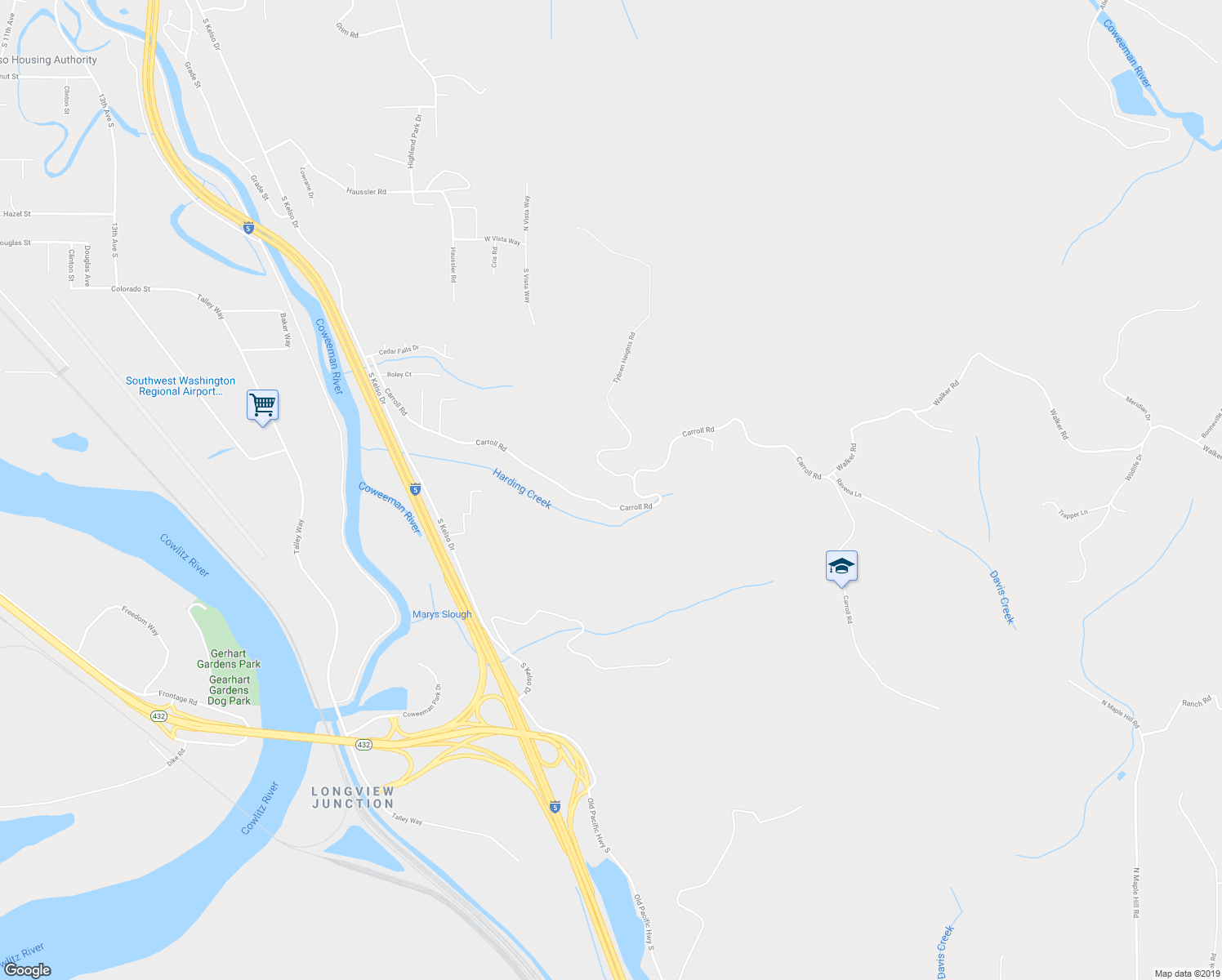 map of restaurants, bars, coffee shops, grocery stores, and more near 115 Tybren Heights Road in Kelso