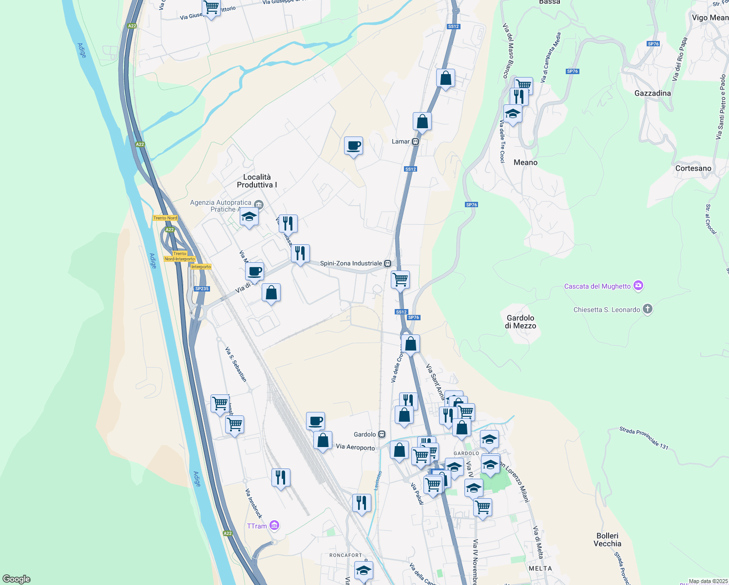 map of restaurants, bars, coffee shops, grocery stores, and more near via Kufstein in Località Produttiva I