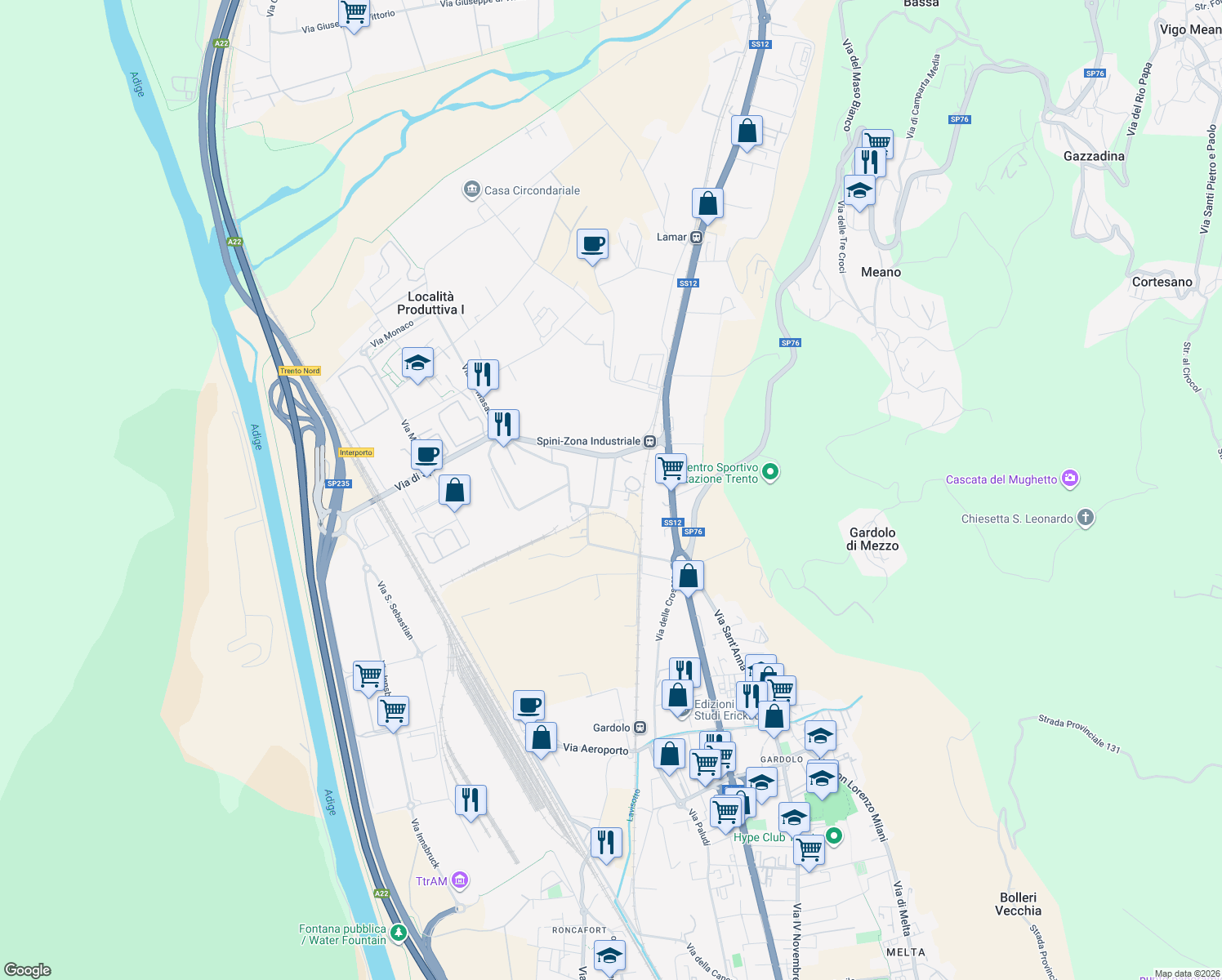 map of restaurants, bars, coffee shops, grocery stores, and more near via Kufstein in Località Produttiva I