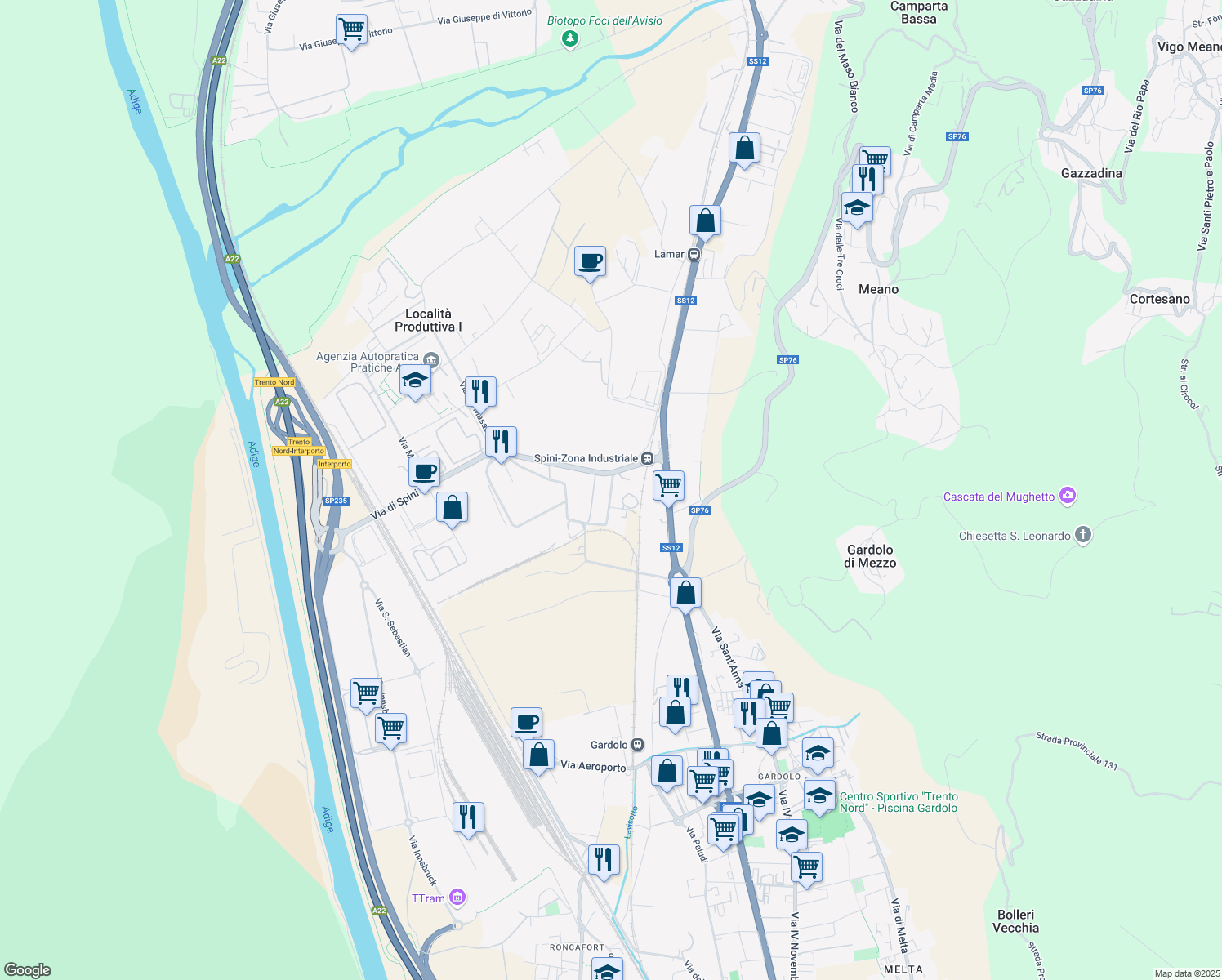 map of restaurants, bars, coffee shops, grocery stores, and more near via Kufstein in Località Produttiva I