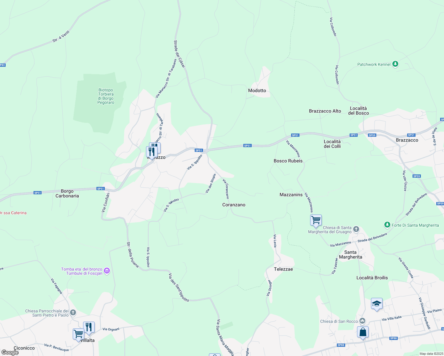 map of restaurants, bars, coffee shops, grocery stores, and more near 15 Via Coranzano in Moruzzo