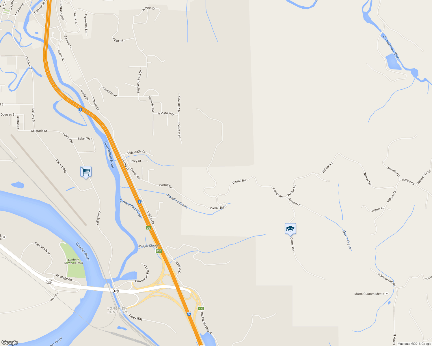 map of restaurants, bars, coffee shops, grocery stores, and more near 250 Tybren Heights Road in Kelso