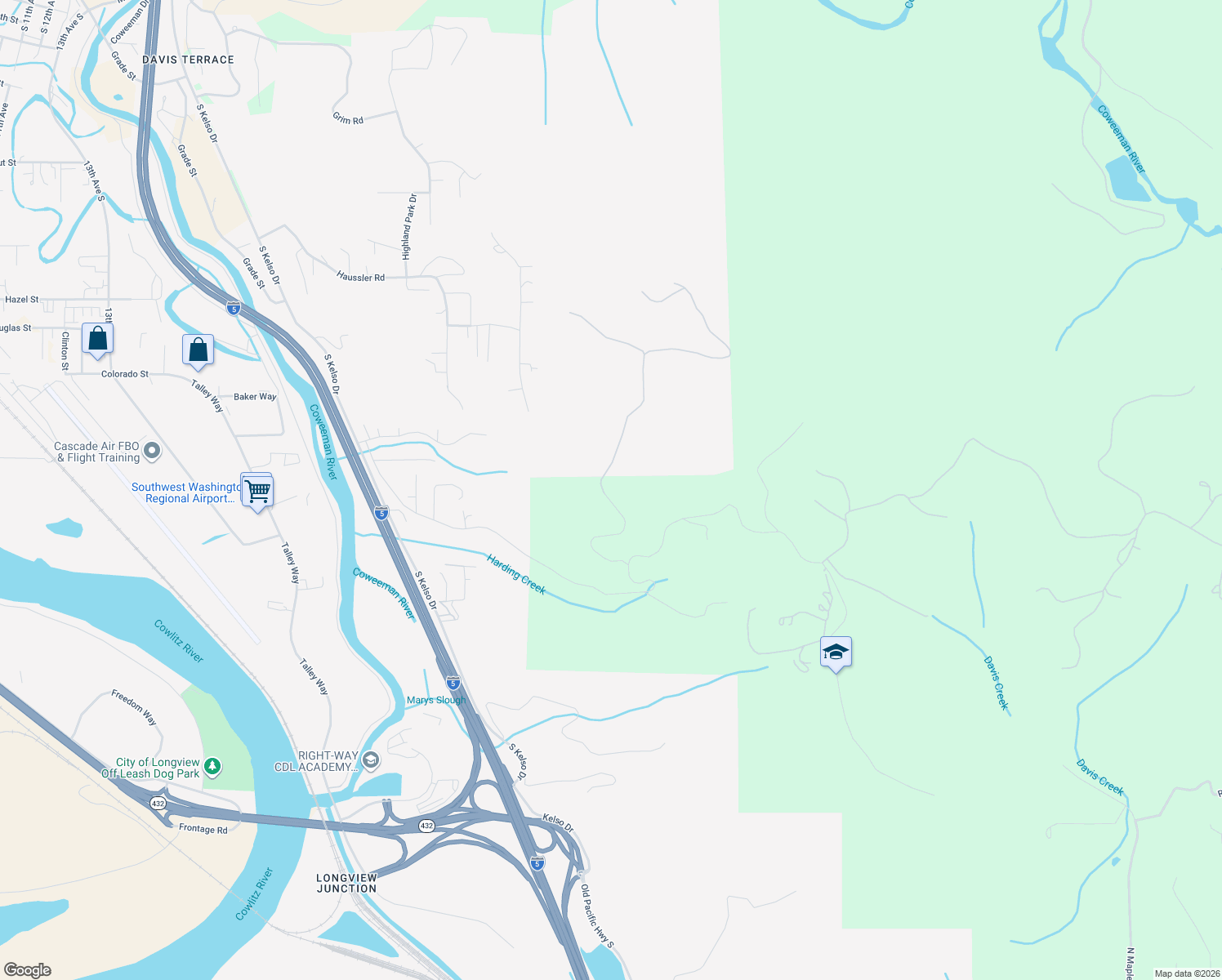 map of restaurants, bars, coffee shops, grocery stores, and more near 250 Tybren Heights Road in Kelso