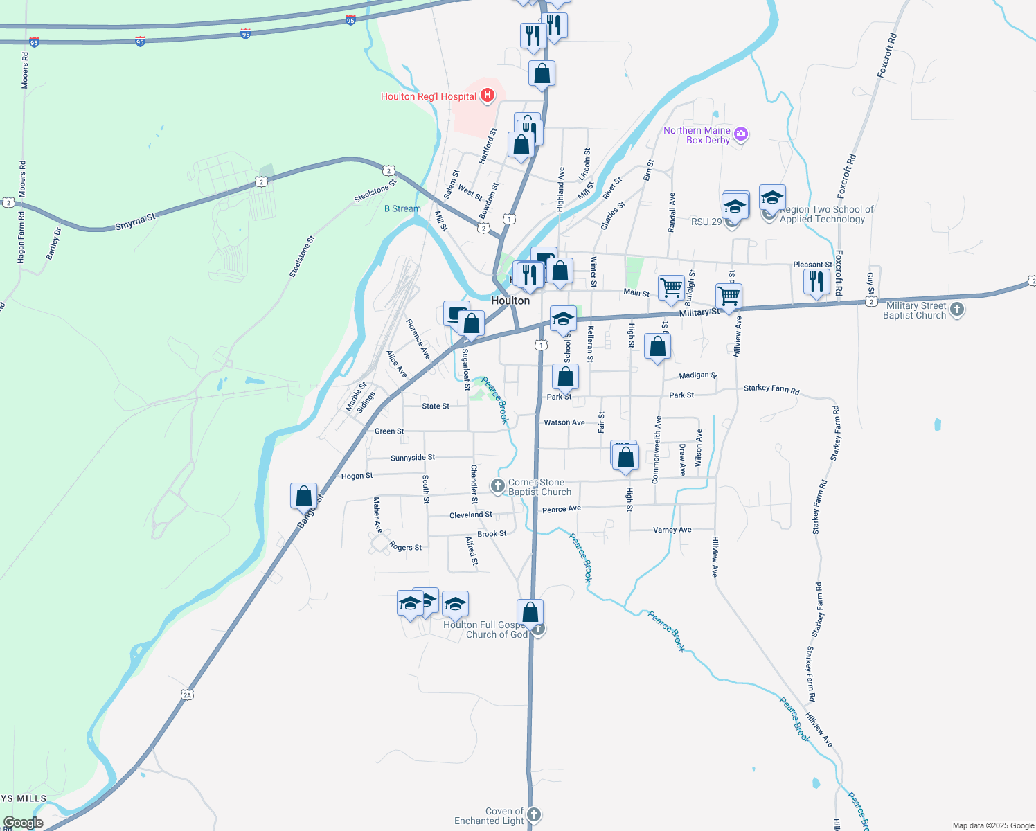 map of restaurants, bars, coffee shops, grocery stores, and more near 7 Green Street in Houlton
