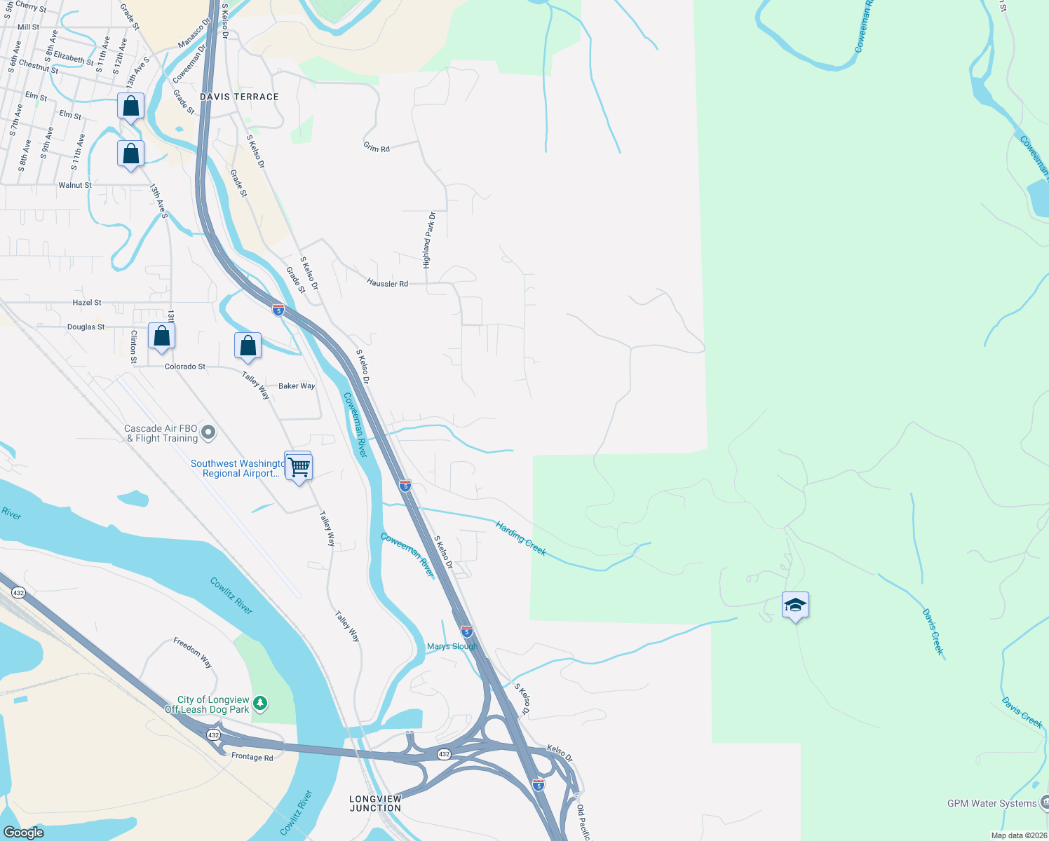 map of restaurants, bars, coffee shops, grocery stores, and more near 163 Cedar Falls Drive in Kelso