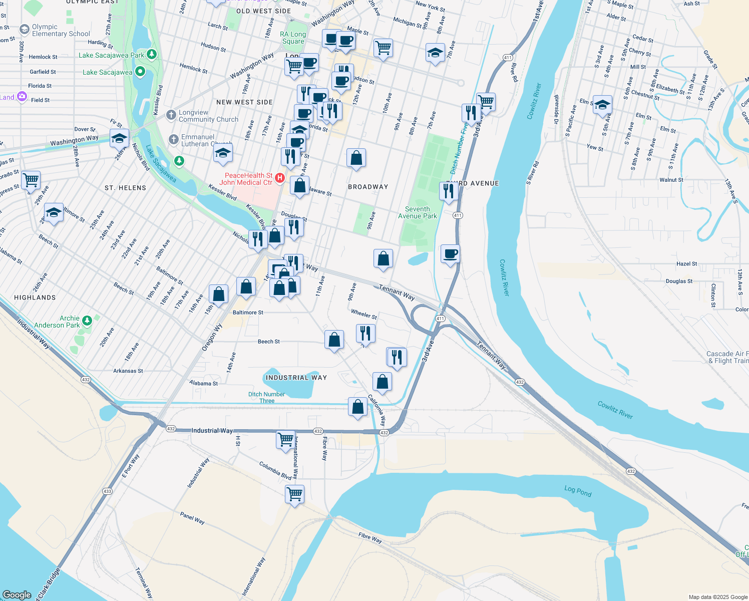 map of restaurants, bars, coffee shops, grocery stores, and more near 615 7th Avenue in Longview