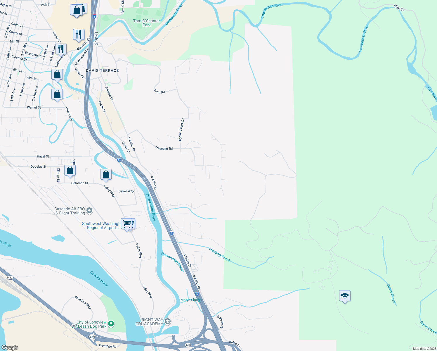 map of restaurants, bars, coffee shops, grocery stores, and more near 121 South Vista Way in Kelso