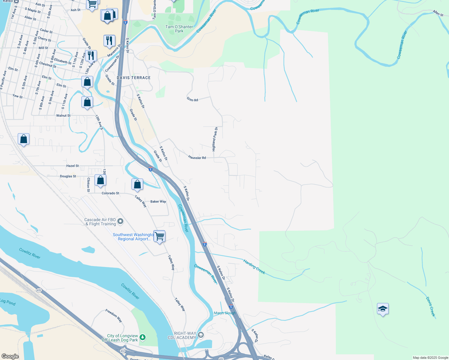 map of restaurants, bars, coffee shops, grocery stores, and more near 505 Haussler Road in Kelso