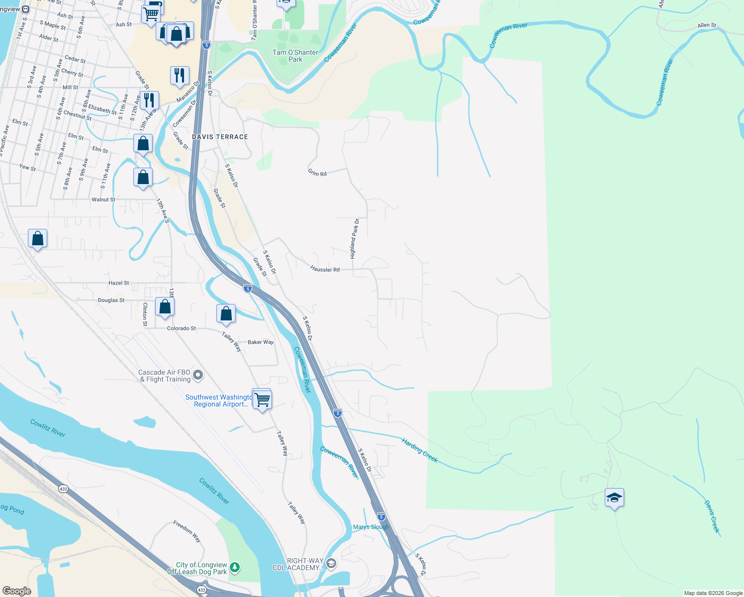 map of restaurants, bars, coffee shops, grocery stores, and more near 495 Haussler Road in Kelso