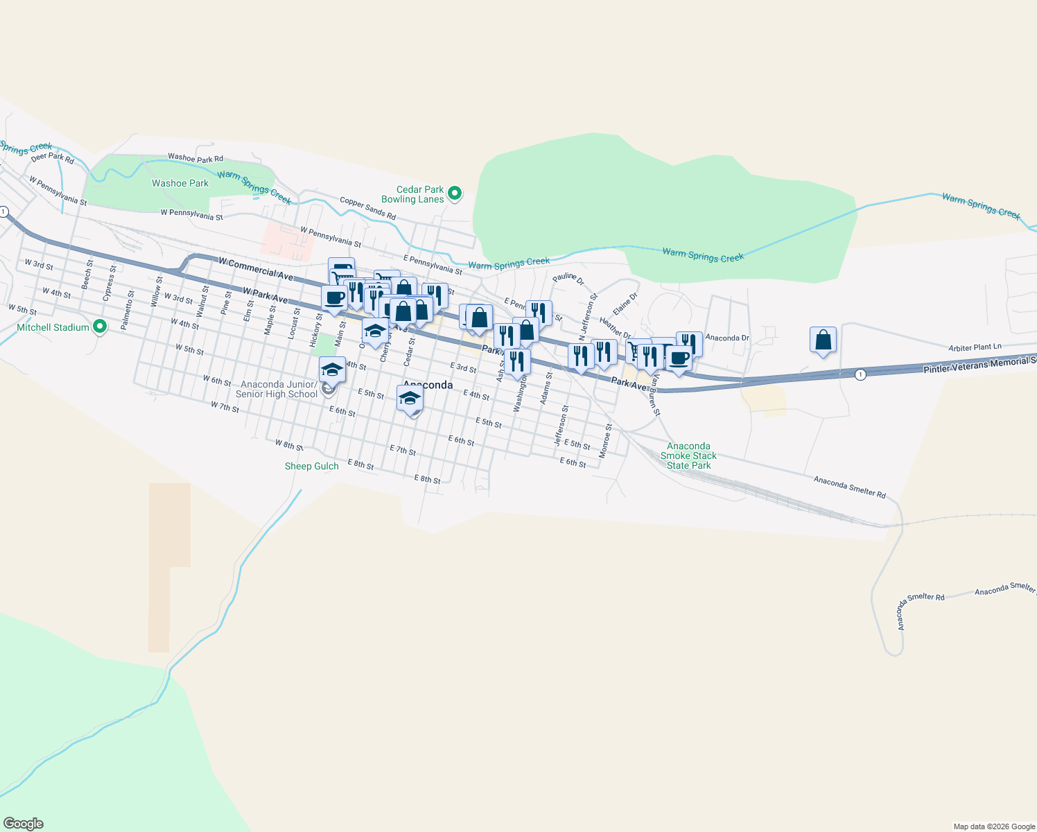 map of restaurants, bars, coffee shops, grocery stores, and more near 409 Washington Street in Anaconda