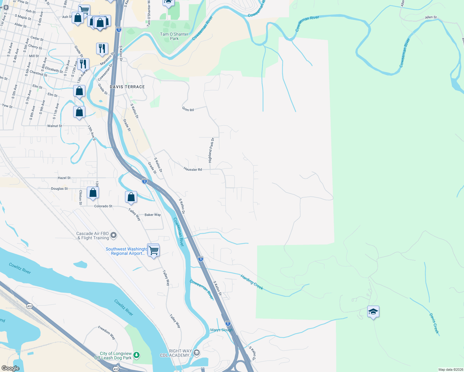 map of restaurants, bars, coffee shops, grocery stores, and more near 496 Apple Way in Kelso