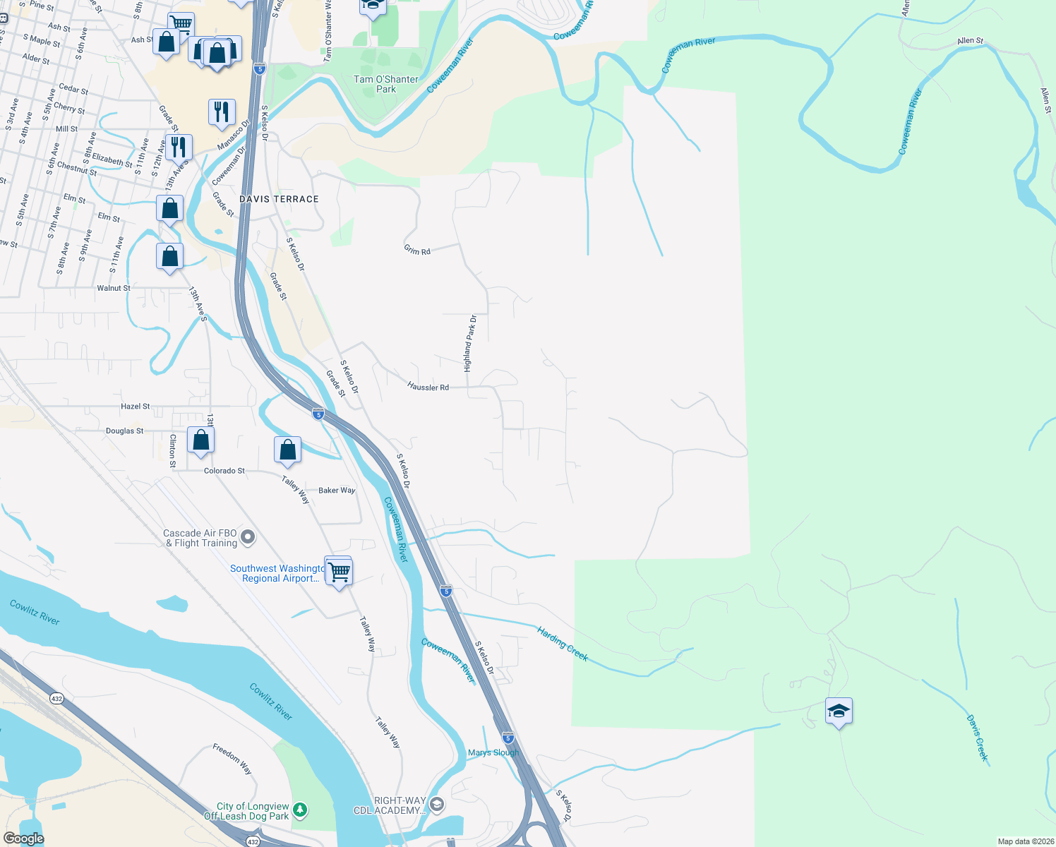map of restaurants, bars, coffee shops, grocery stores, and more near 496 Apple Way in Kelso