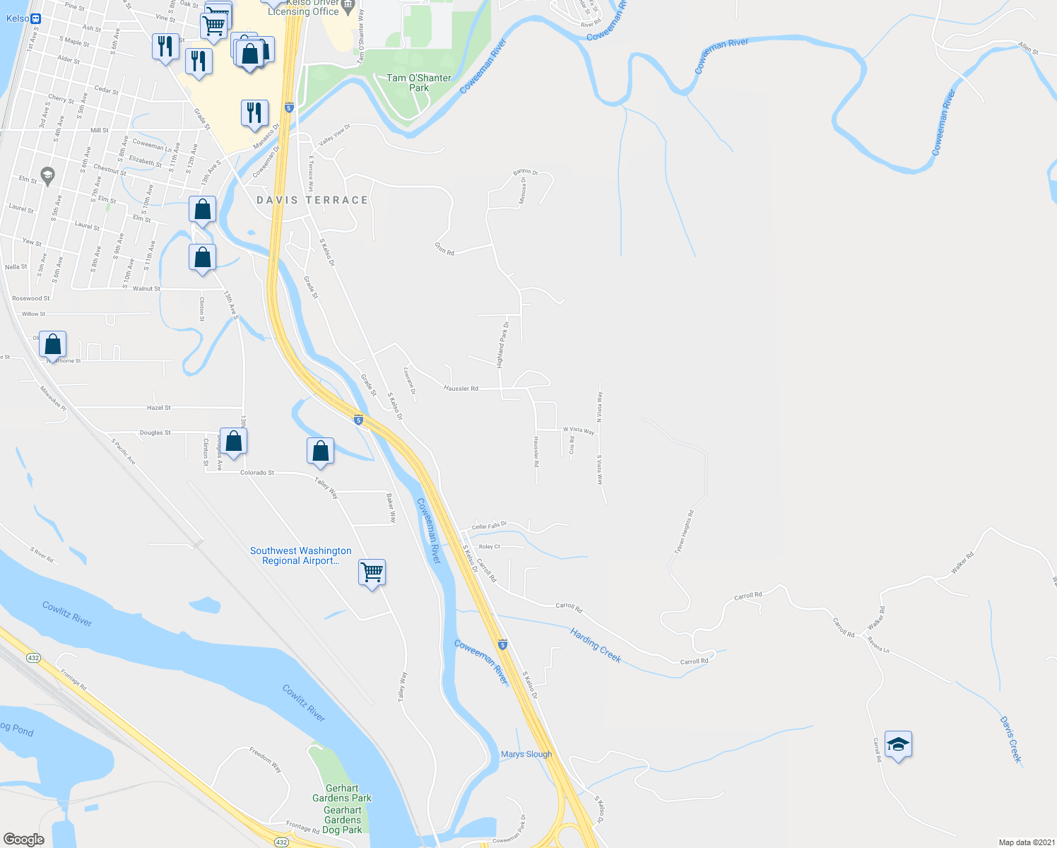 map of restaurants, bars, coffee shops, grocery stores, and more near 495 Haussler Rd in Kelso
