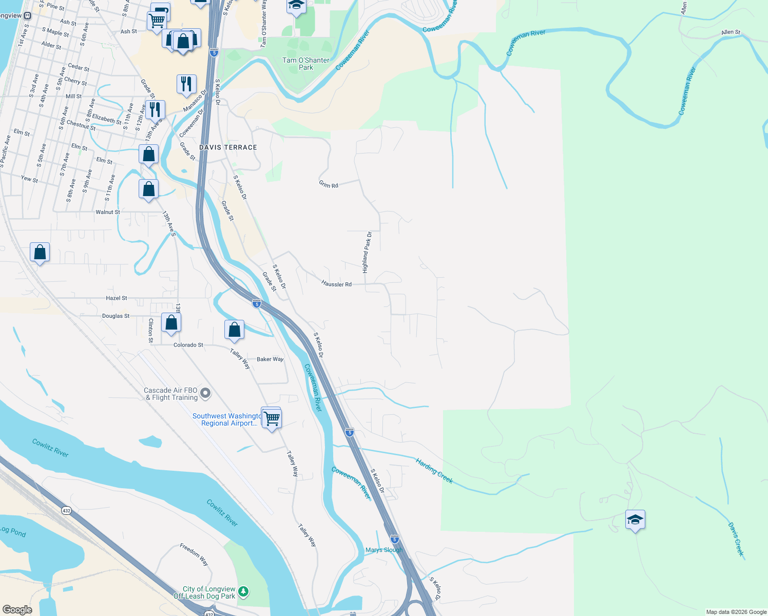 map of restaurants, bars, coffee shops, grocery stores, and more near 487 Haussler Road in Kelso