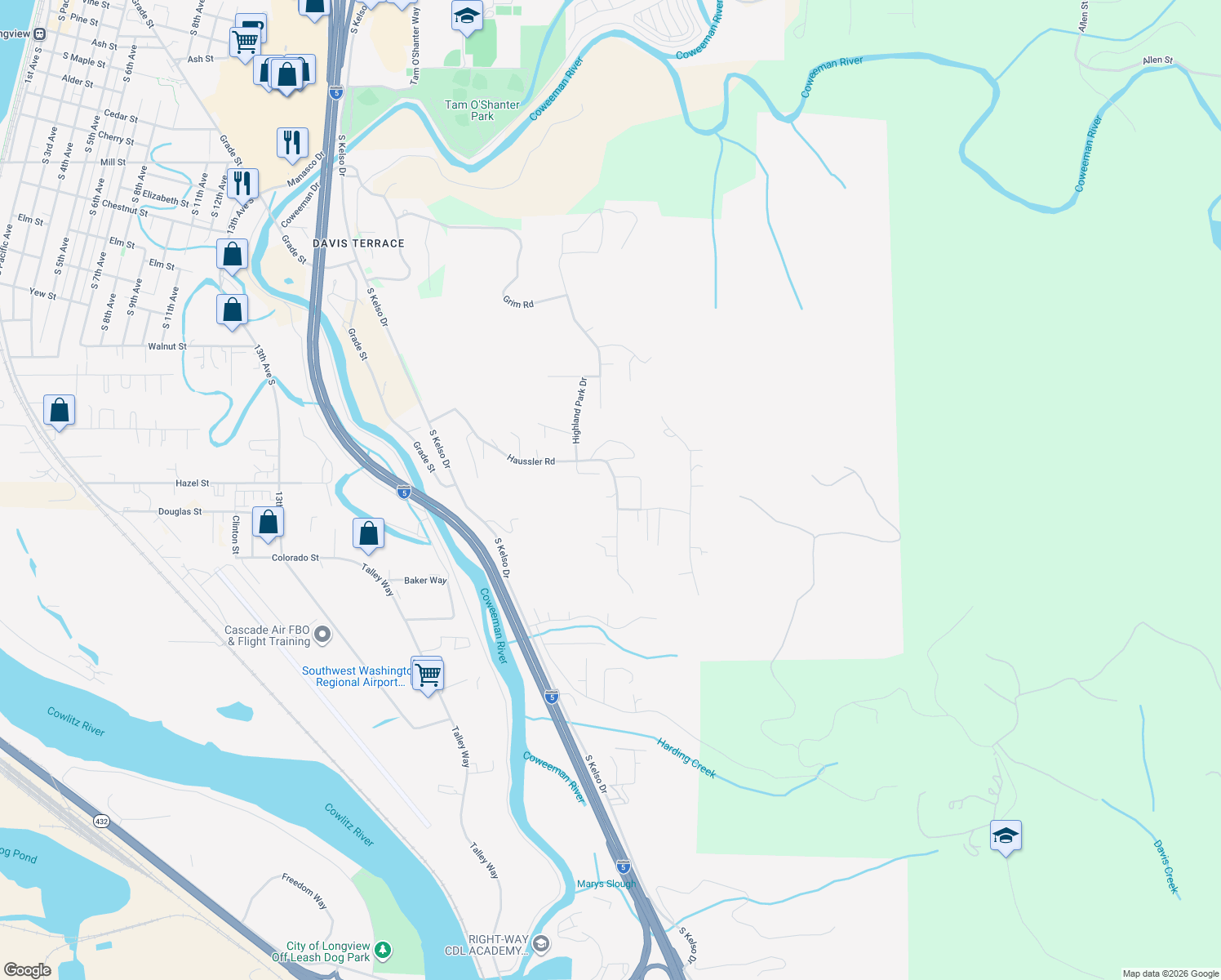 map of restaurants, bars, coffee shops, grocery stores, and more near 495 Haussler Road in Kelso