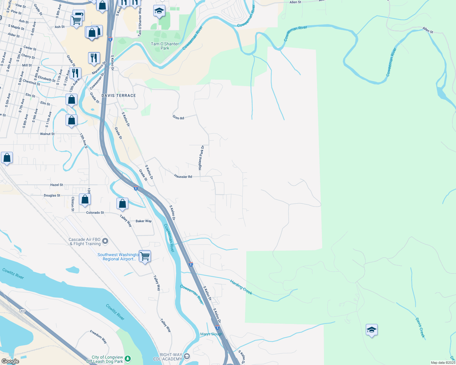 map of restaurants, bars, coffee shops, grocery stores, and more near 127 Apple Way in Kelso