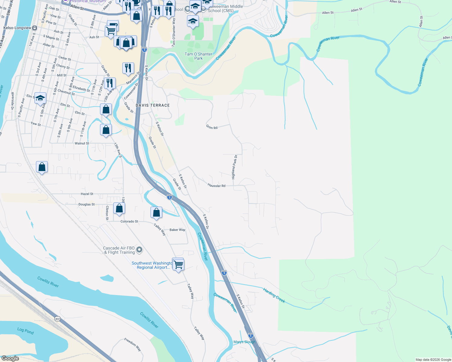 map of restaurants, bars, coffee shops, grocery stores, and more near 320 Haussler Road in Kelso