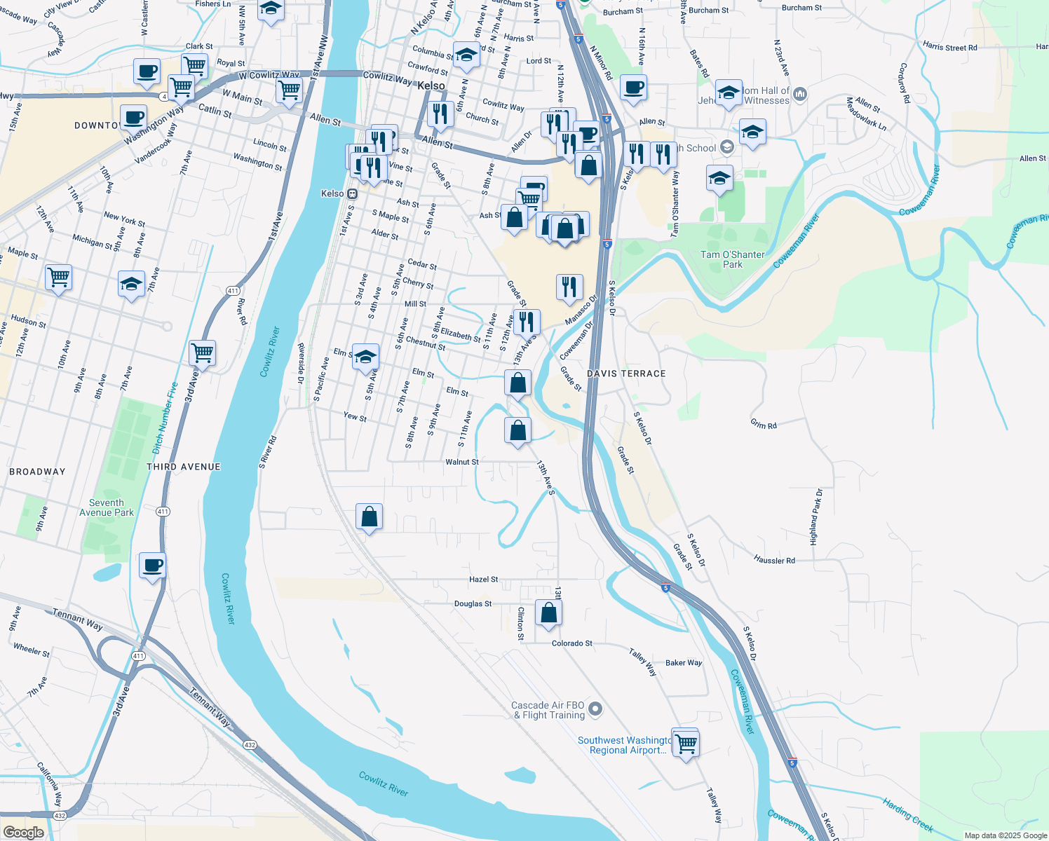 map of restaurants, bars, coffee shops, grocery stores, and more near 1310 Elm Street in Kelso