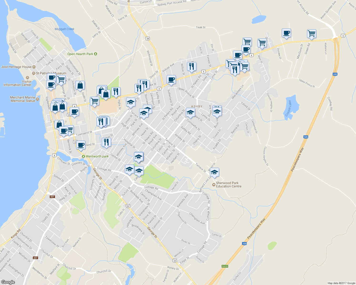 map of restaurants, bars, coffee shops, grocery stores, and more near 469 Atlantic Street in Sydney