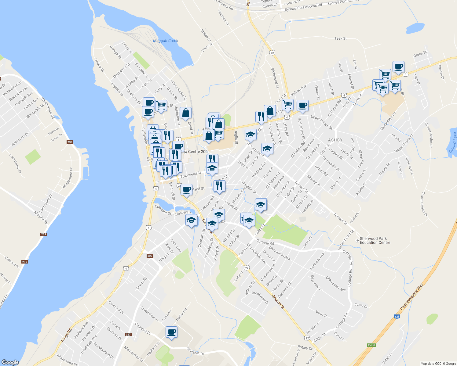 map of restaurants, bars, coffee shops, grocery stores, and more near 163 Brookland Street in Sydney