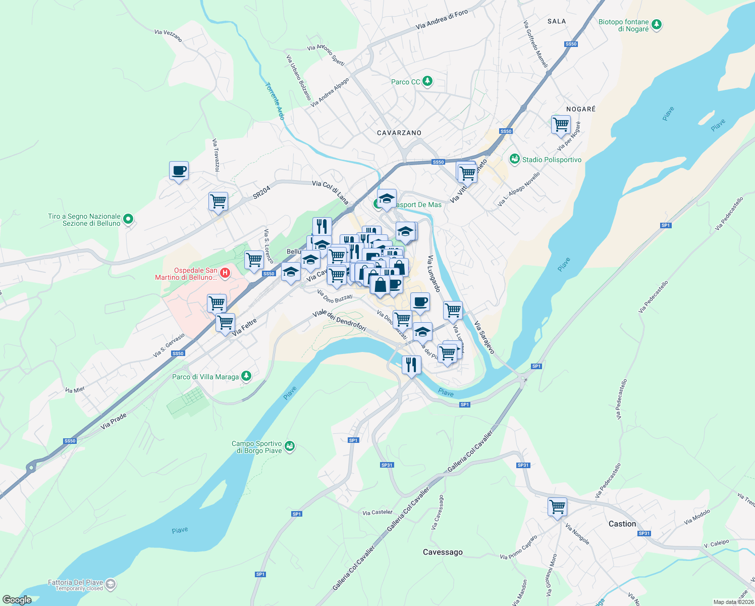 map of restaurants, bars, coffee shops, grocery stores, and more near 4bis Piazza Castello in Belluno